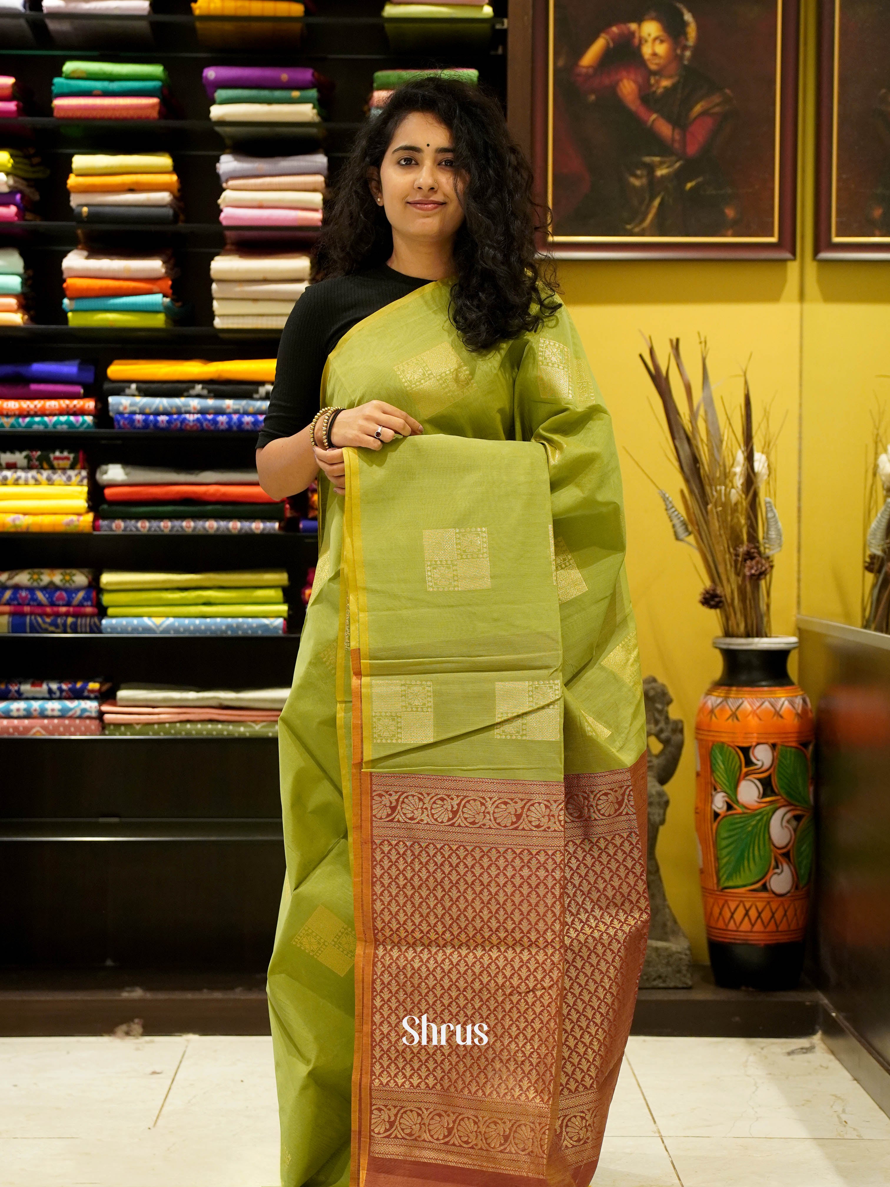 Green & Brown - Semi Silkcotton saree - Shop on ShrusEternity.com