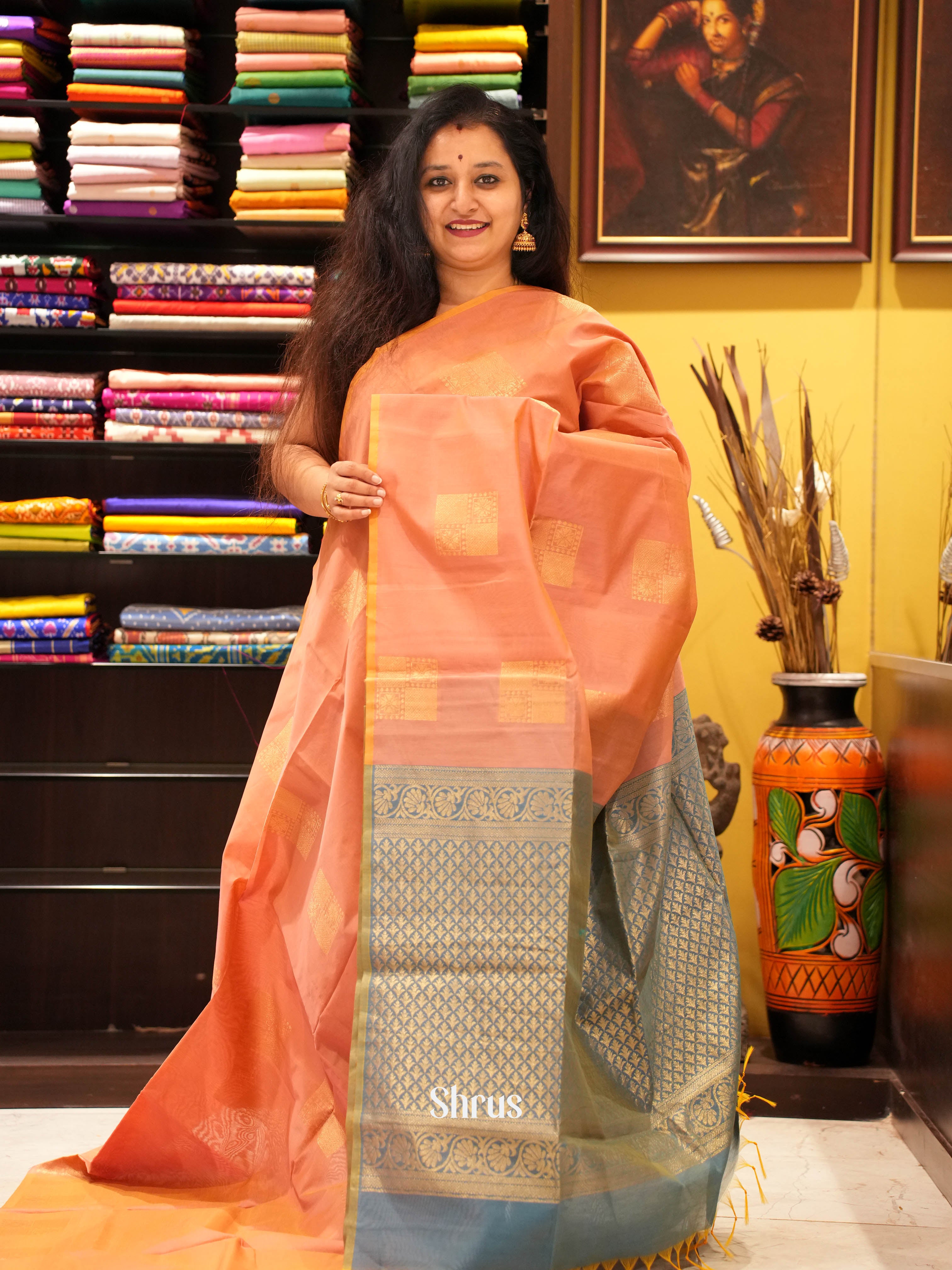 Peach & Grey- Semi Silkcotton Saree - Shop on ShrusEternity.com