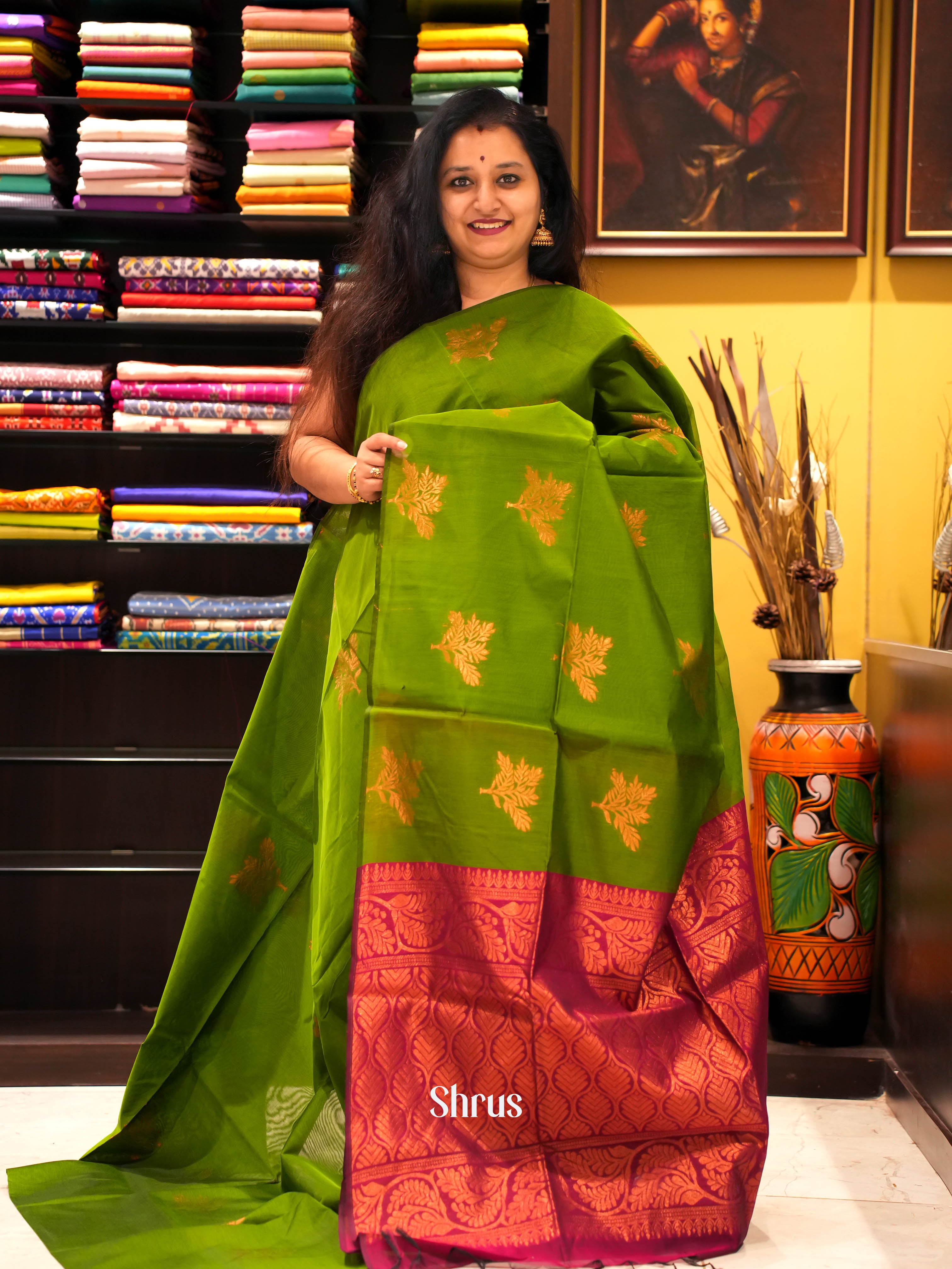 Green & Maroon - Semi Silkcotton Saree - Shop on ShrusEternity.com