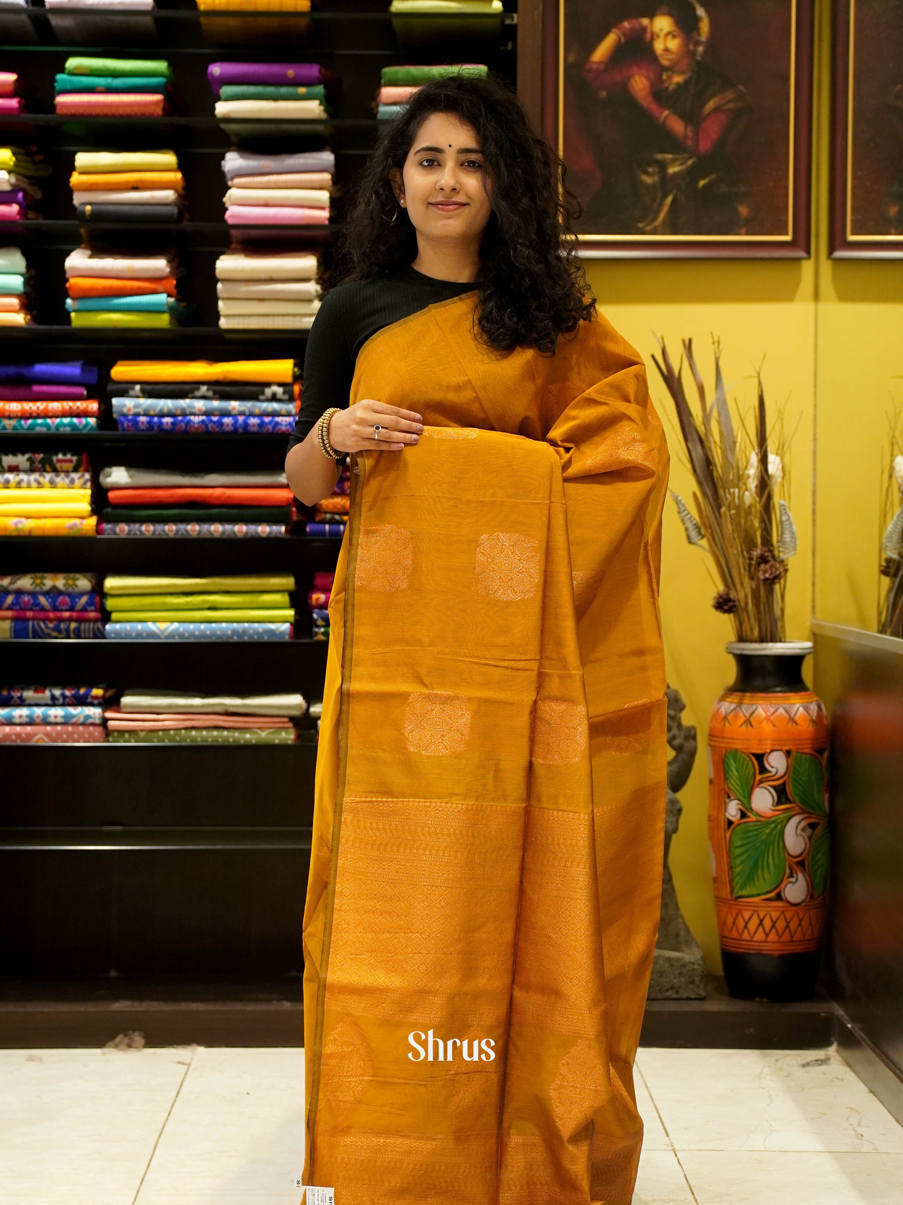 Mustard (Single Tone) - Semi Silkcotton Saree - Shop on ShrusEternity.com