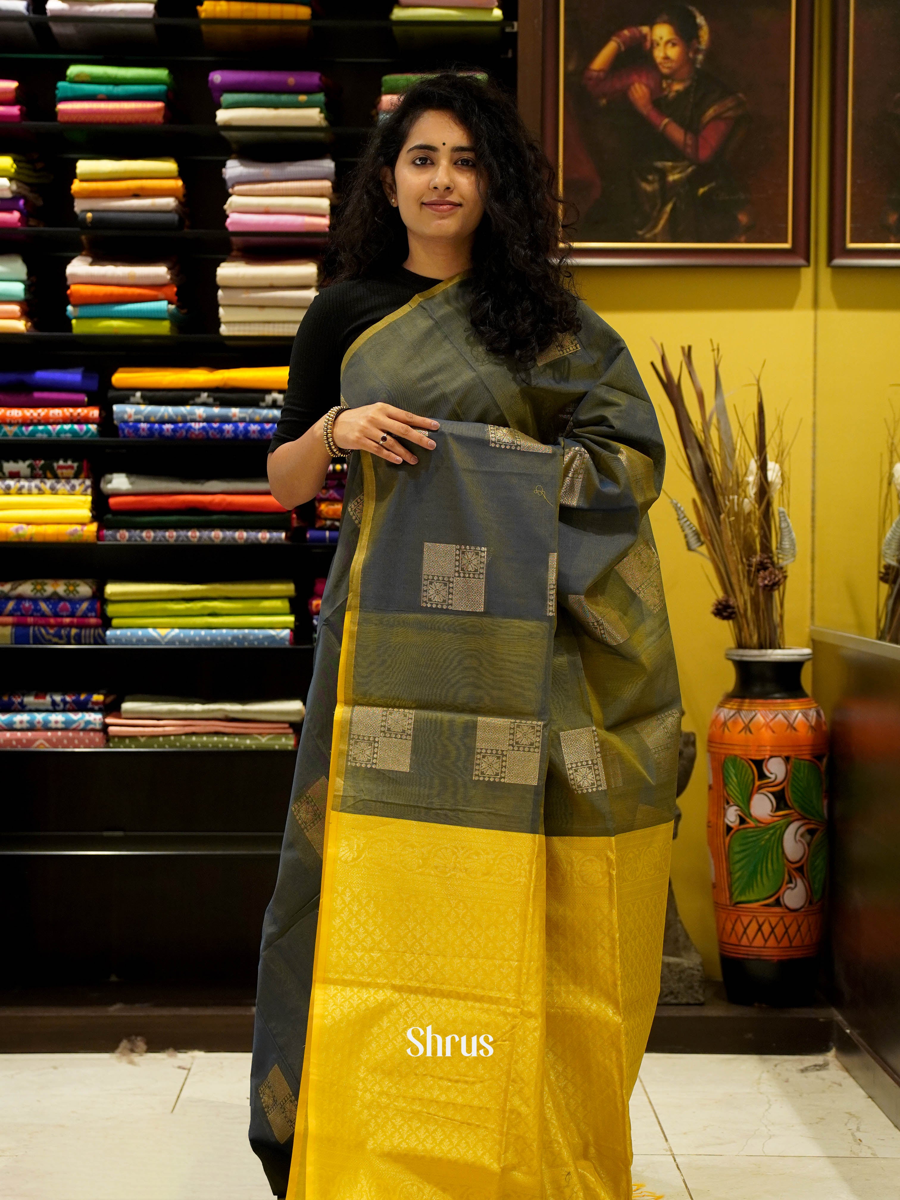 Green & Yellow - Semi Silkcotton Saree - Shop on ShrusEternity.com