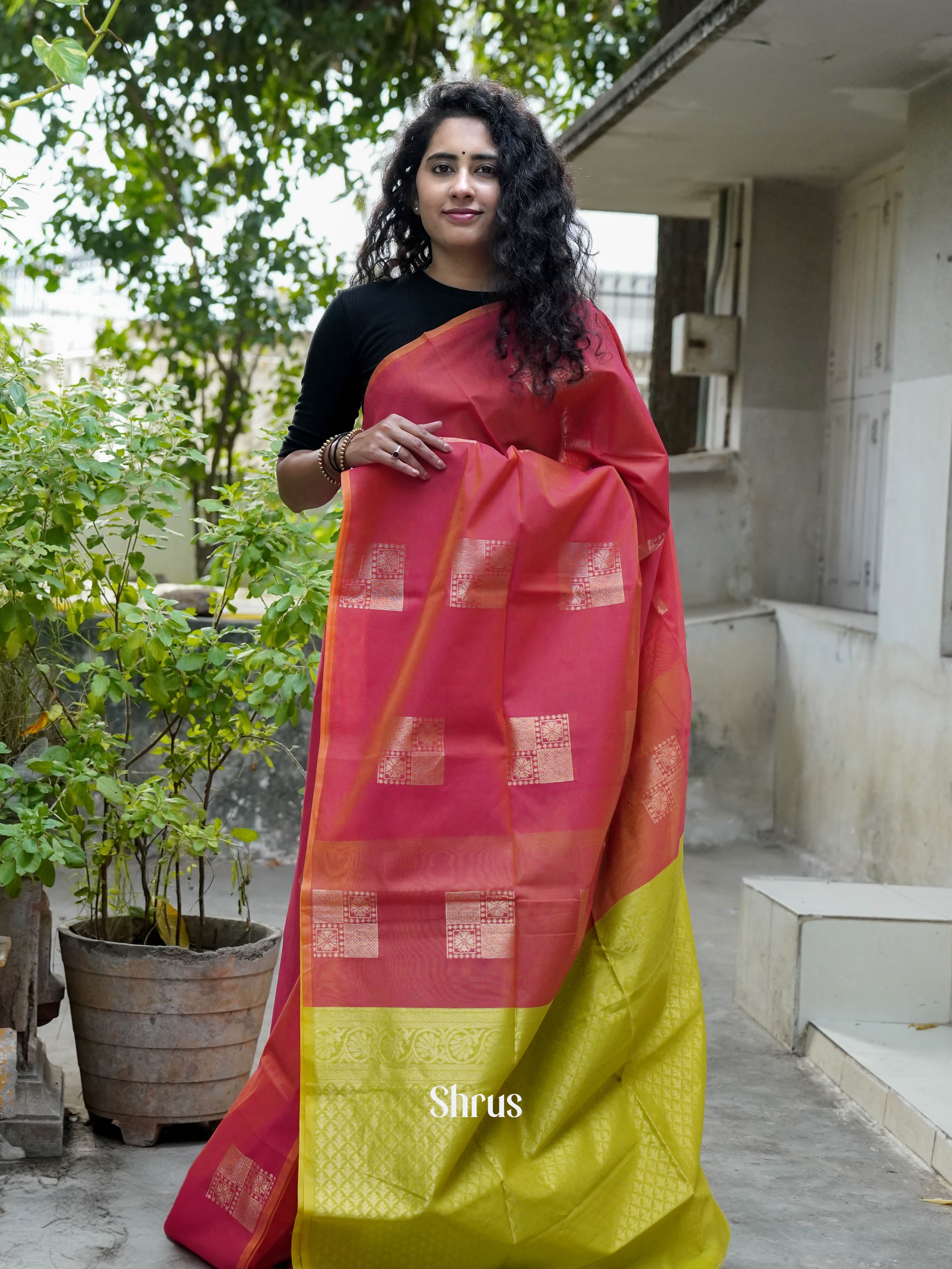Pink & Golden Green - Semi Silkcotton Saree - Shop on ShrusEternity.com