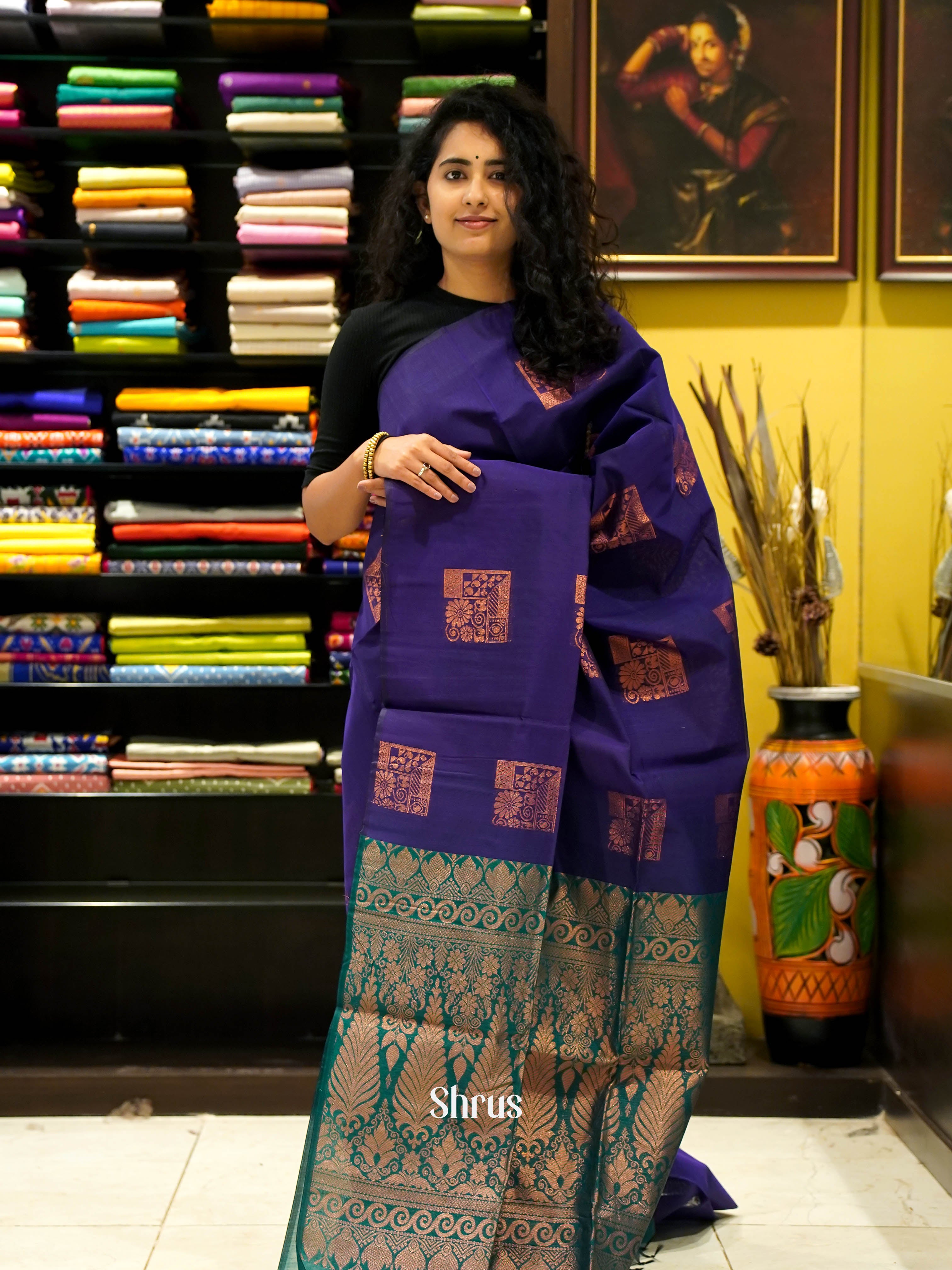Blue & Green - Semi Silkcotton Saree - Shop on ShrusEternity.com