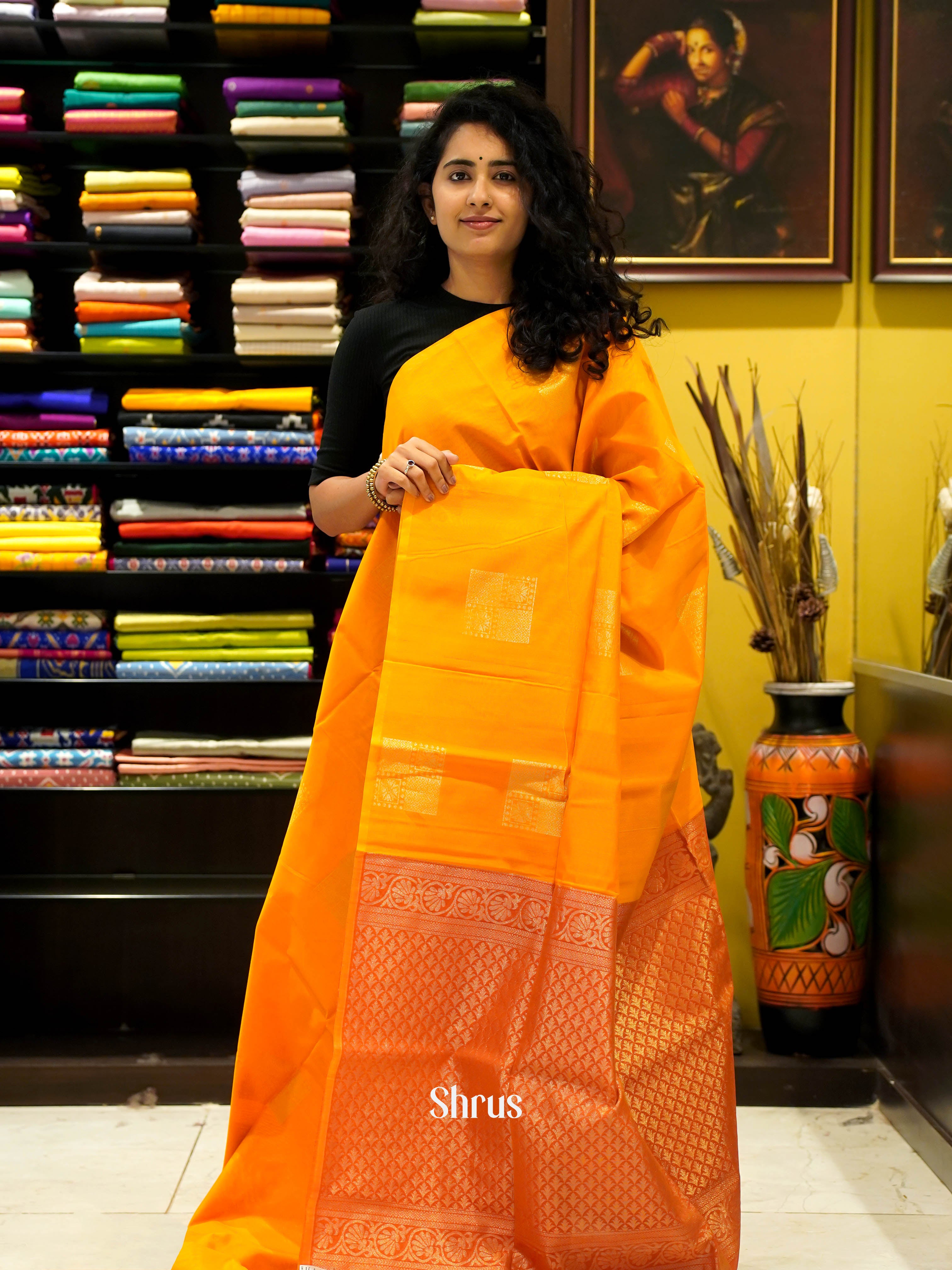Mustard & Orange - Semi Silkcotton Saree - Shop on ShrusEternity.com