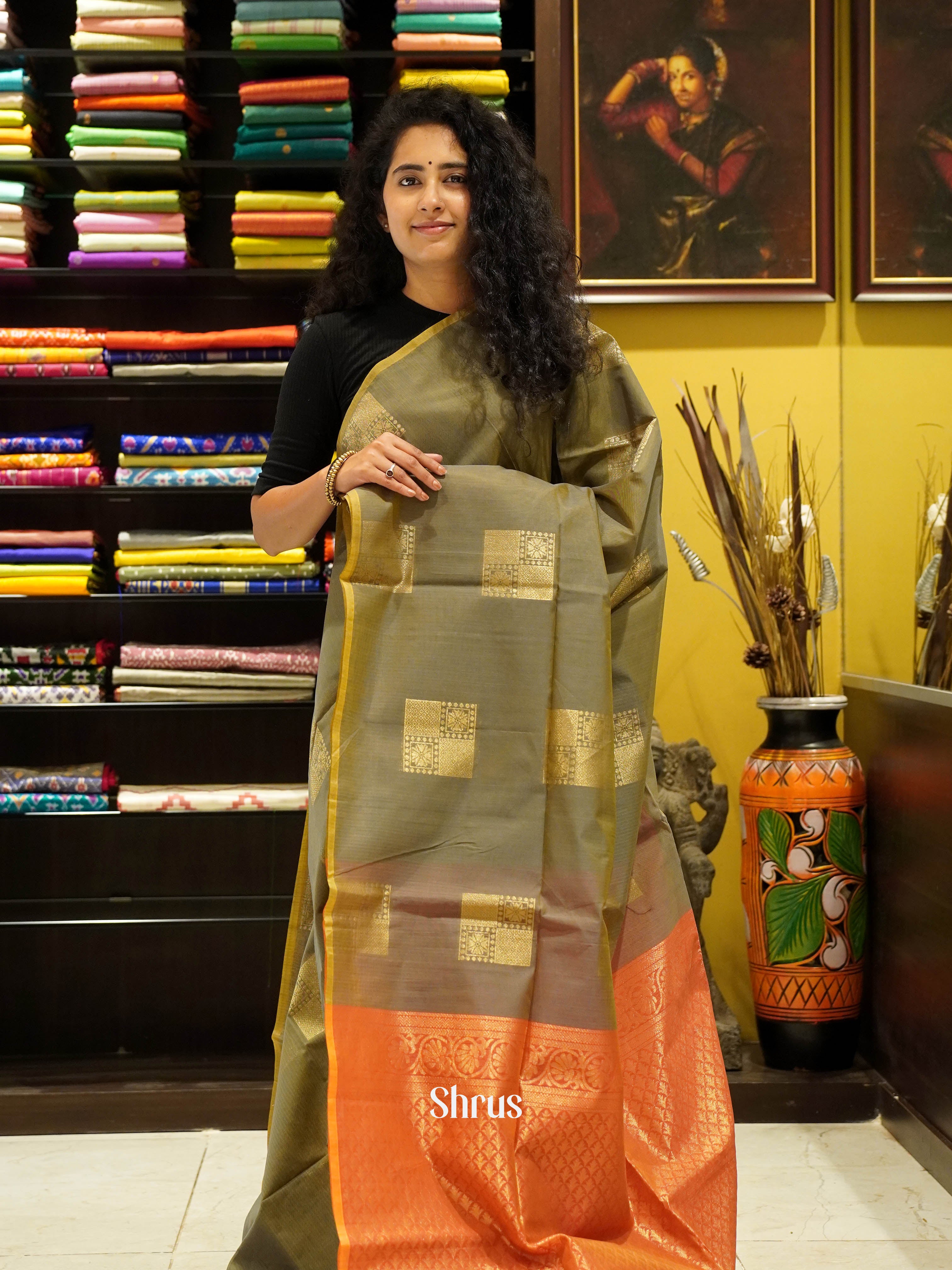 Grey & Red - Semi Silkcotton Saree - Shop on ShrusEternity.com