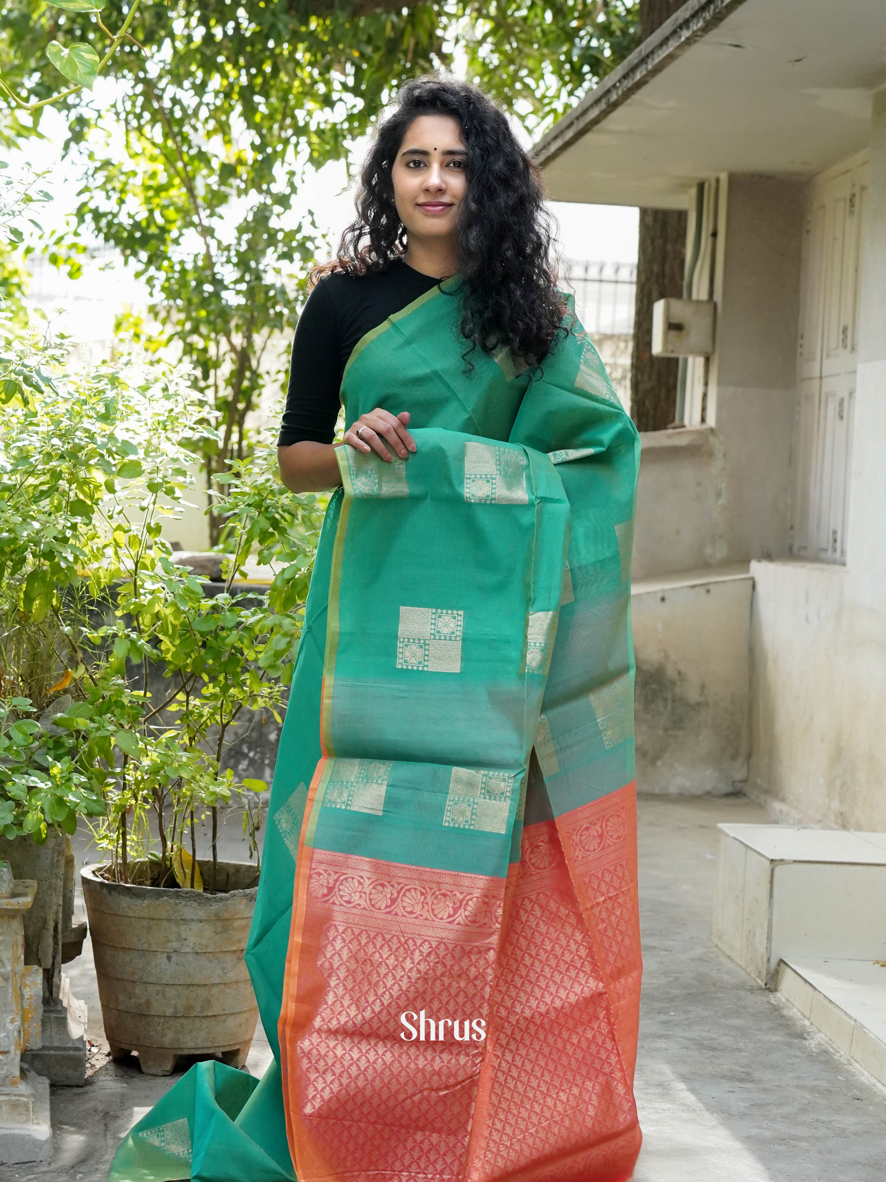 Bluish Green & Pink - Semi Silkcotton Saree - Shop on ShrusEternity.com