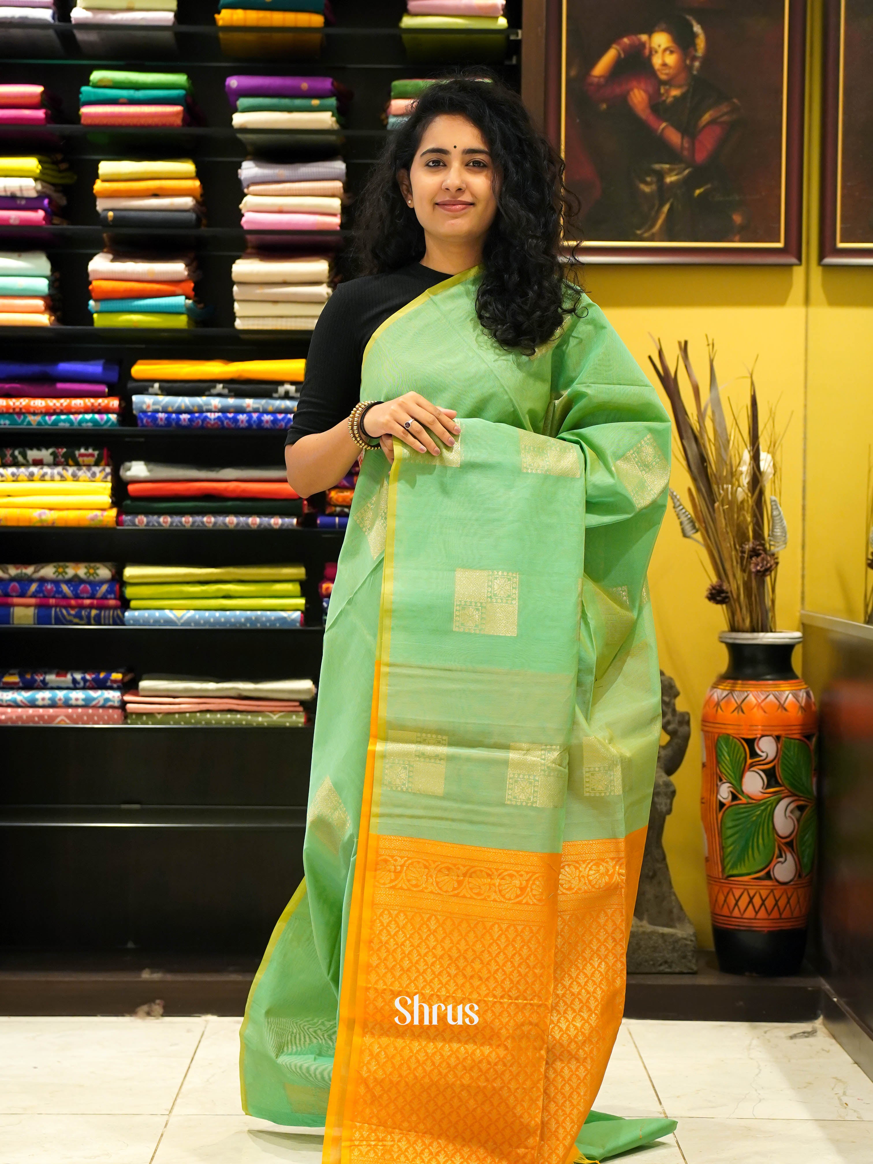 Pista Green & Mambazha Yellow- Semi Silkcotton Saree - Shop on ShrusEternity.com