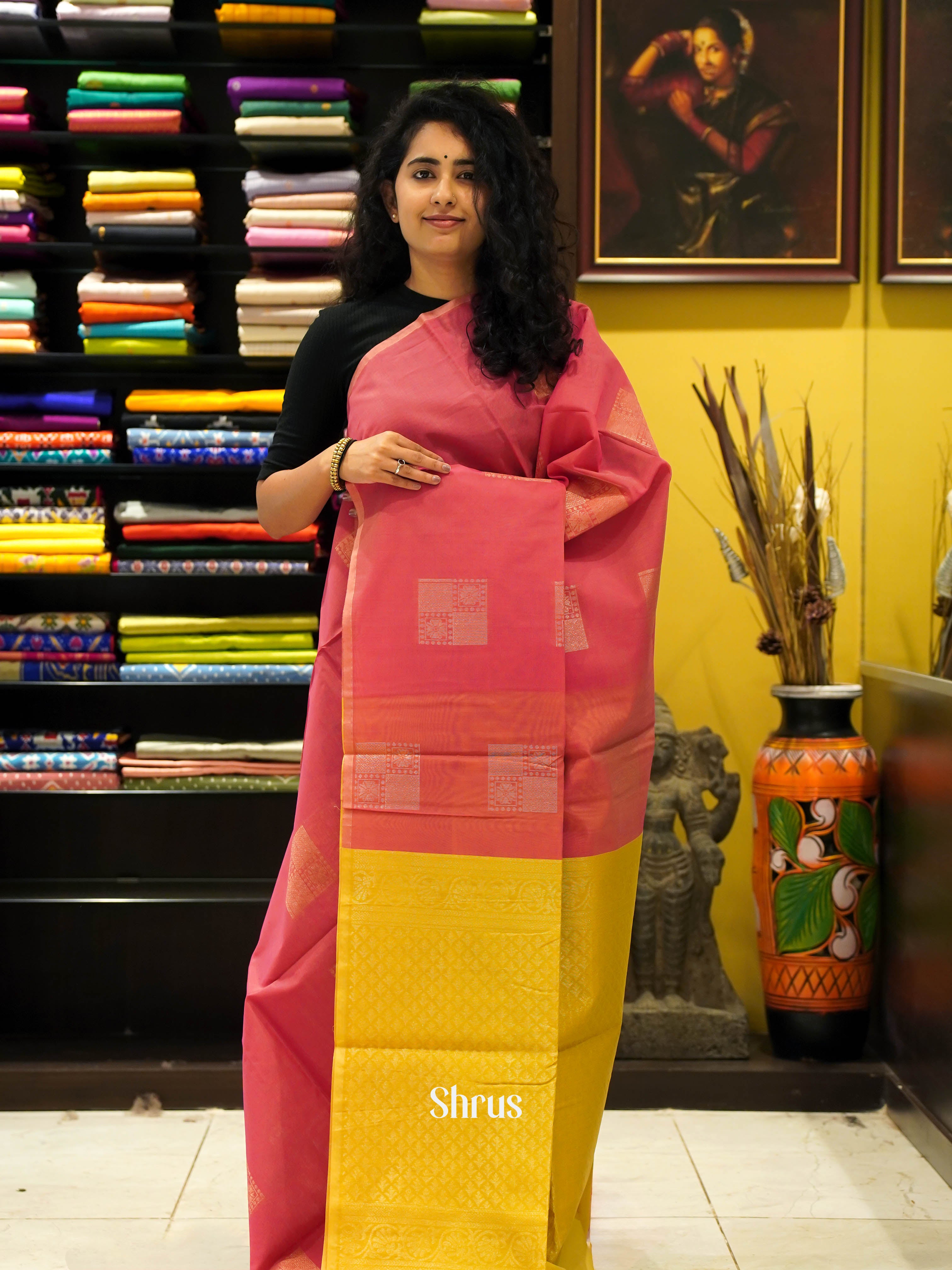 Orangish Pink & Yellow - Semi Silkcotton Saree - Shop on ShrusEternity.com