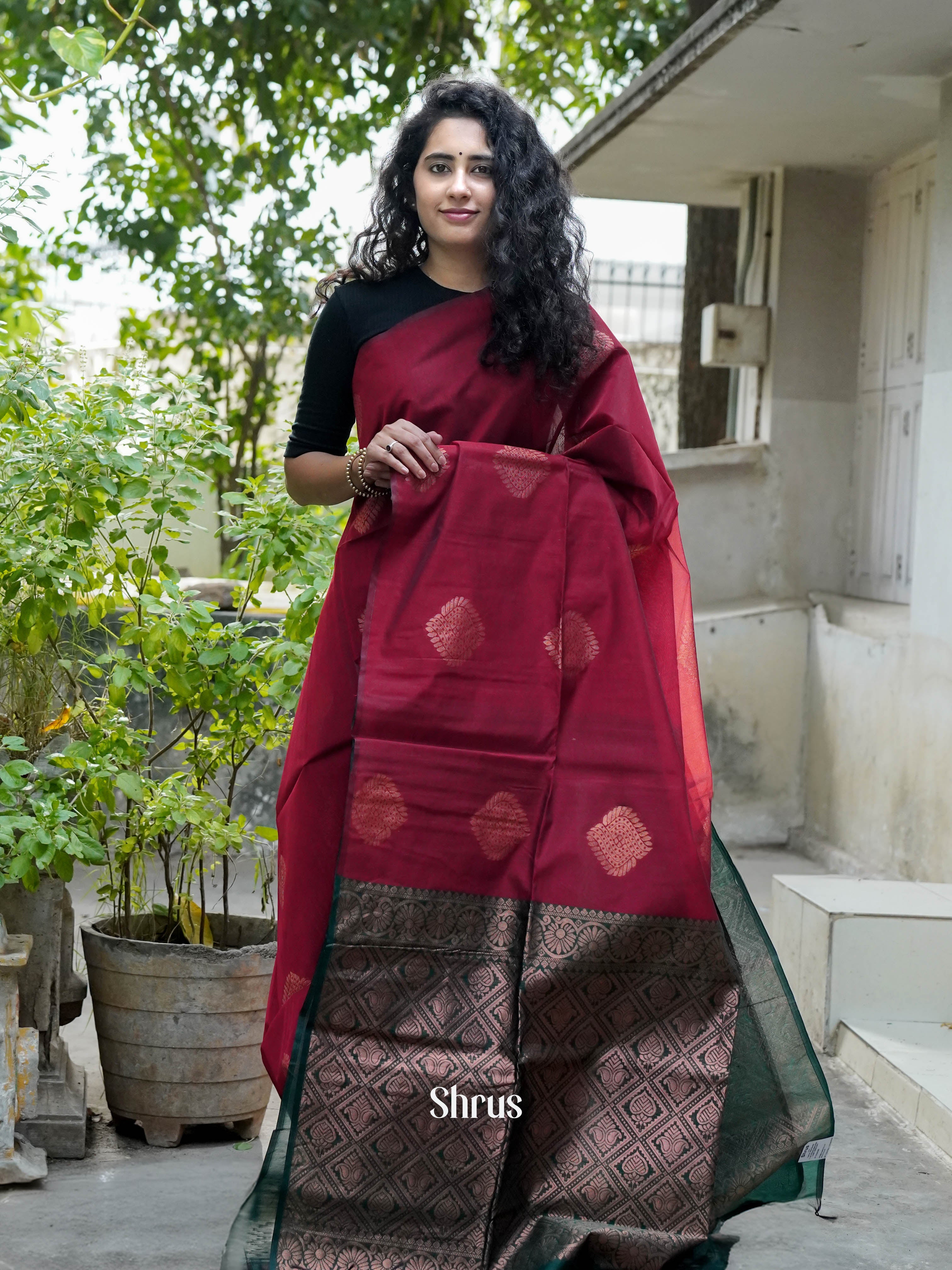Maroon & Green - Semi Silkcotton Saree - Shop on ShrusEternity.com