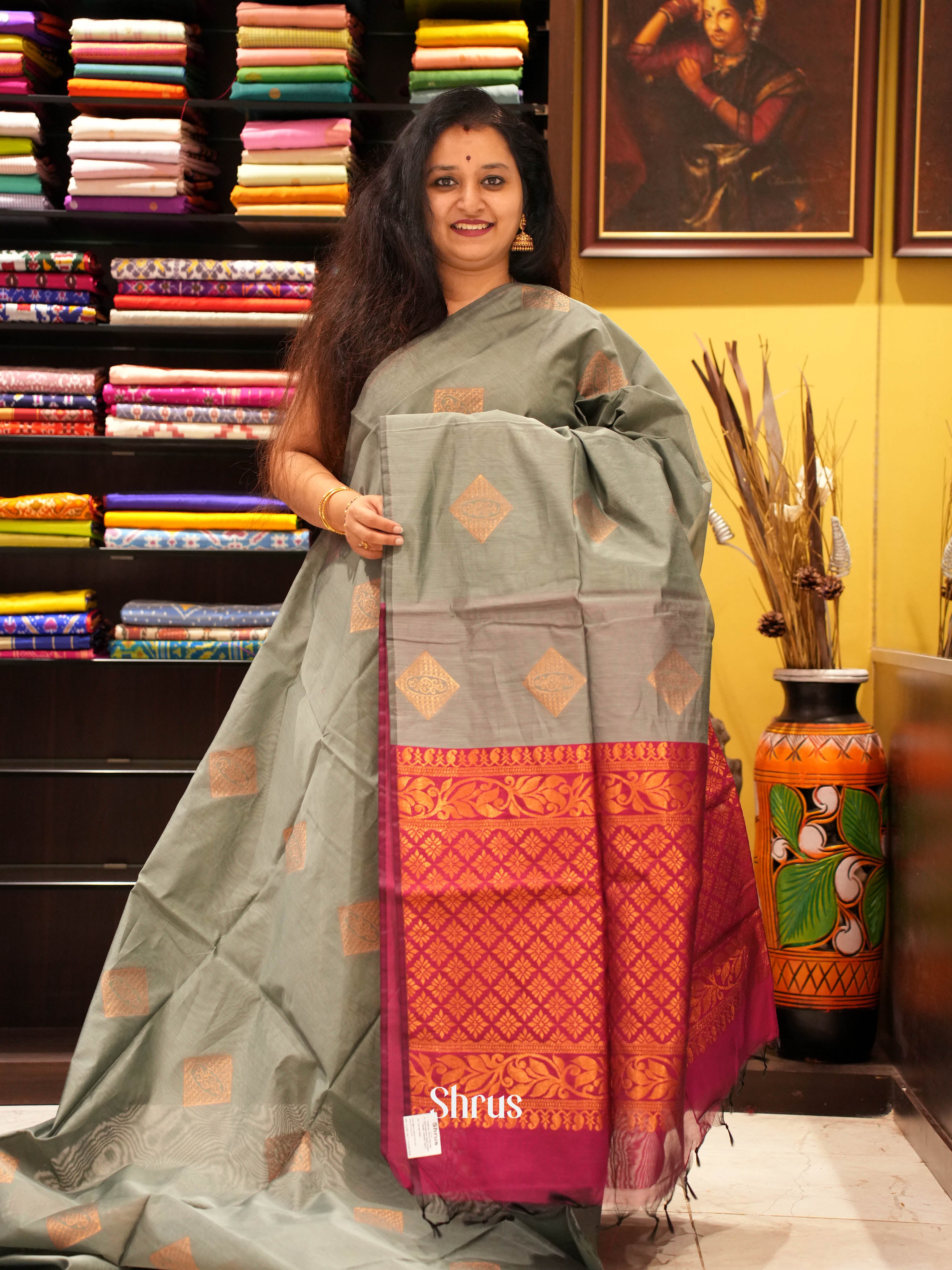 Grey & Maroon - Semi Silkcotton Saree - Shop on ShrusEternity.com