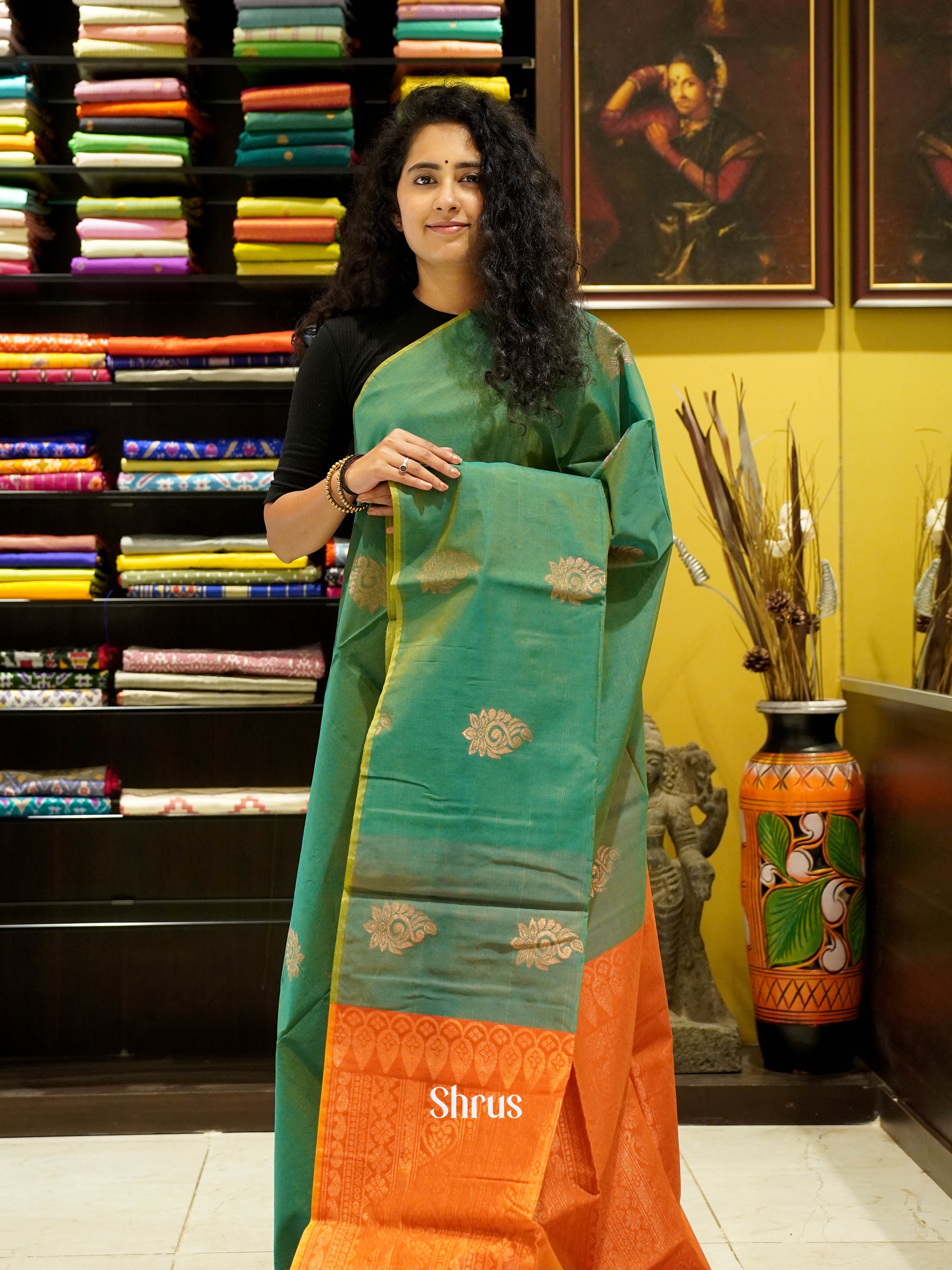 Green & Orange - Semi Silkcotton Saree - Shop on ShrusEternity.com