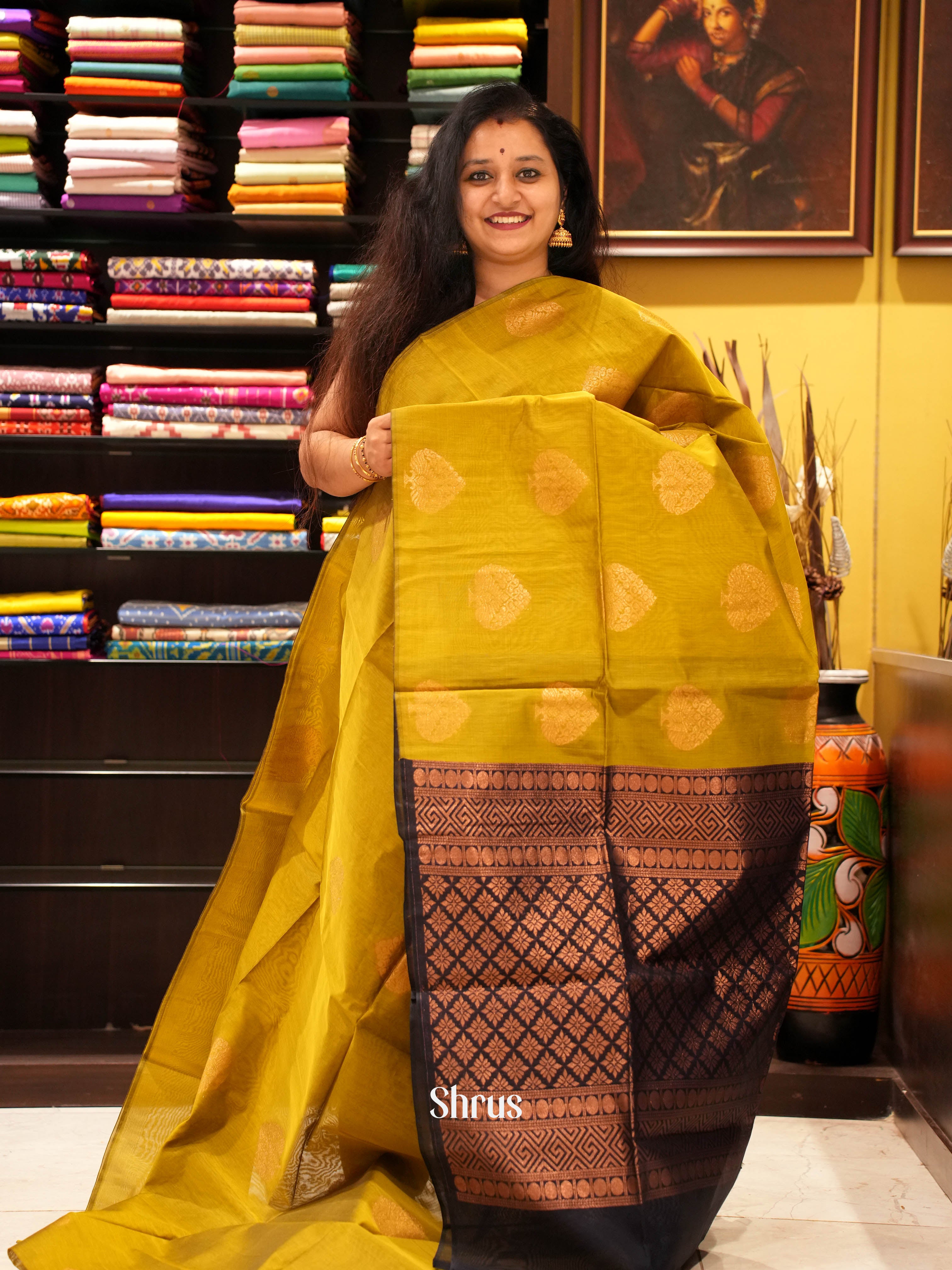 Mustardy Green & Black - Semi Silkcotton Saree - Shop on ShrusEternity.com