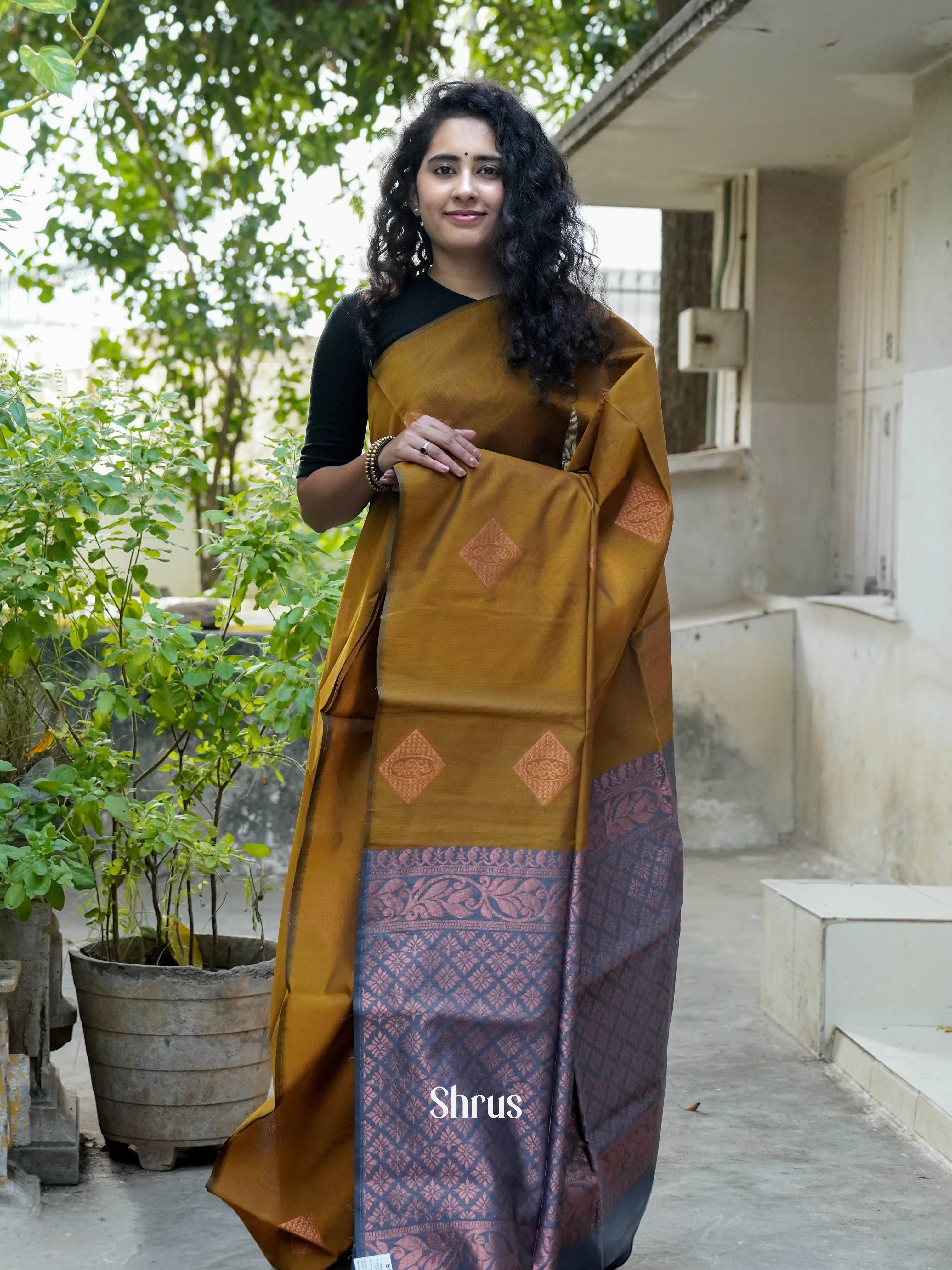 Dark Mustard & Grey - Semi Silkcotton Saree - Shop on ShrusEternity.com