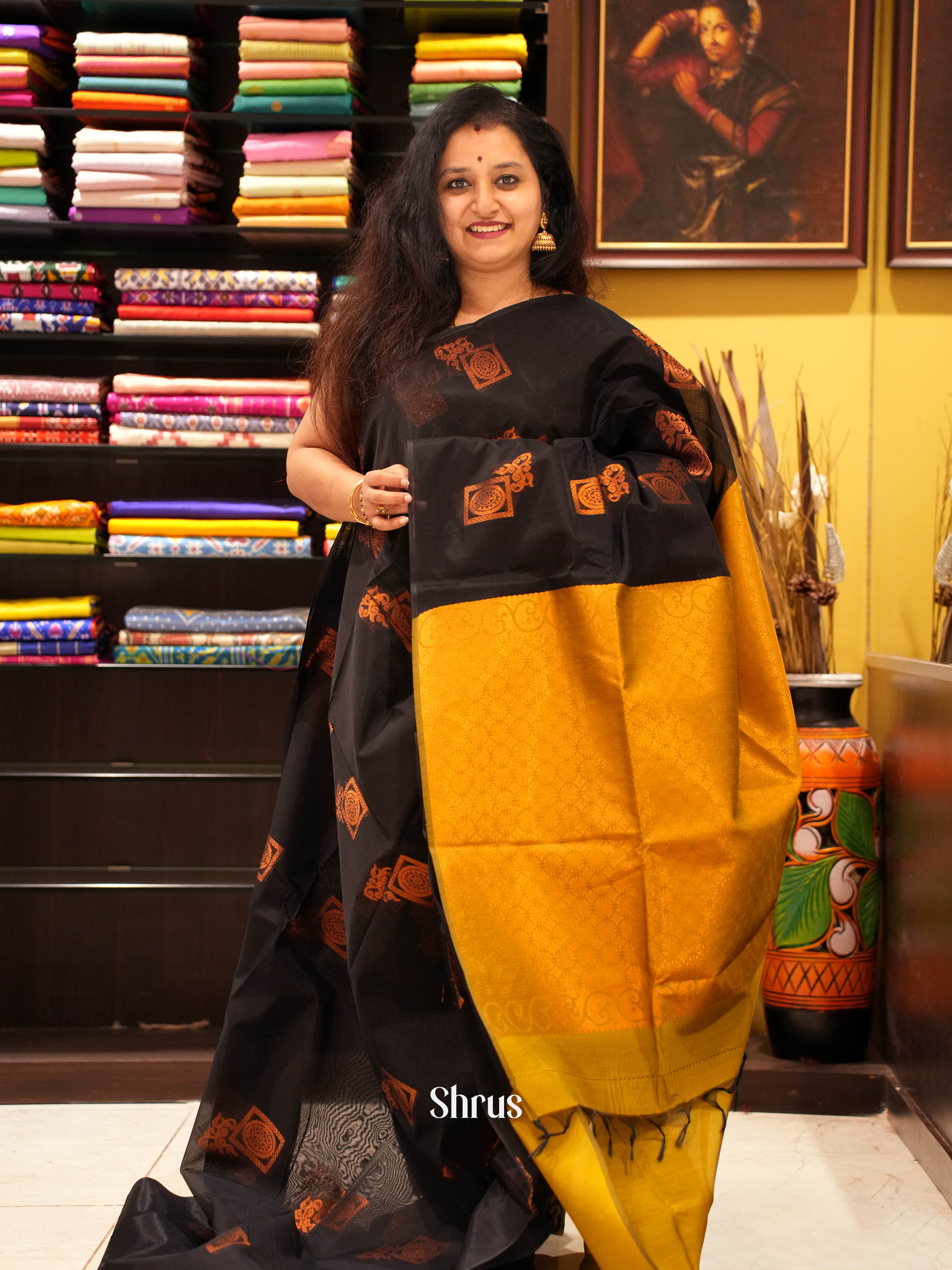 Black & Mustard - Semi Silkcotton Saree - Shop on ShrusEternity.com