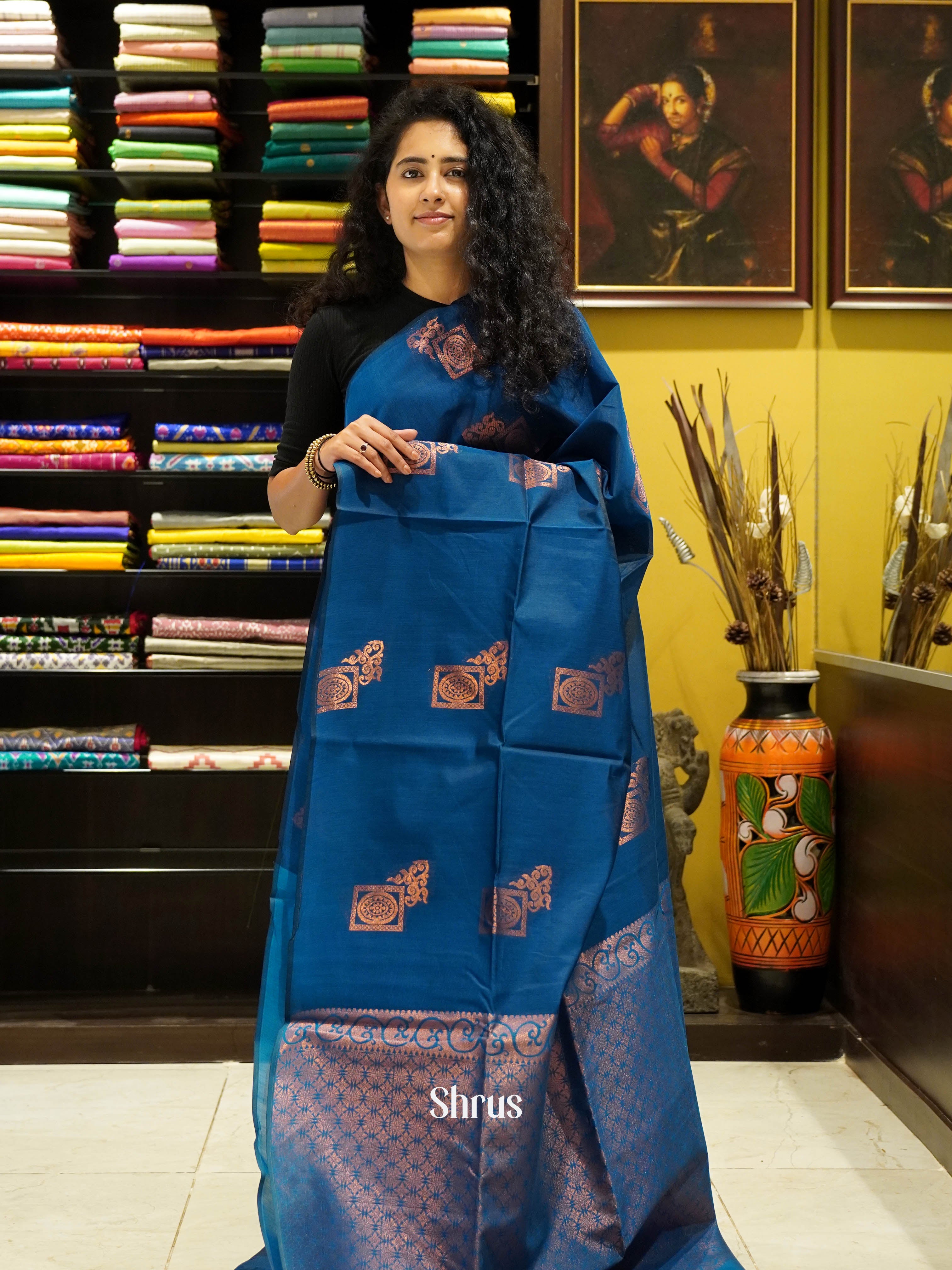 Blue(Single Tone) - Semi Silkcotton Saree - Shop on ShrusEternity.com