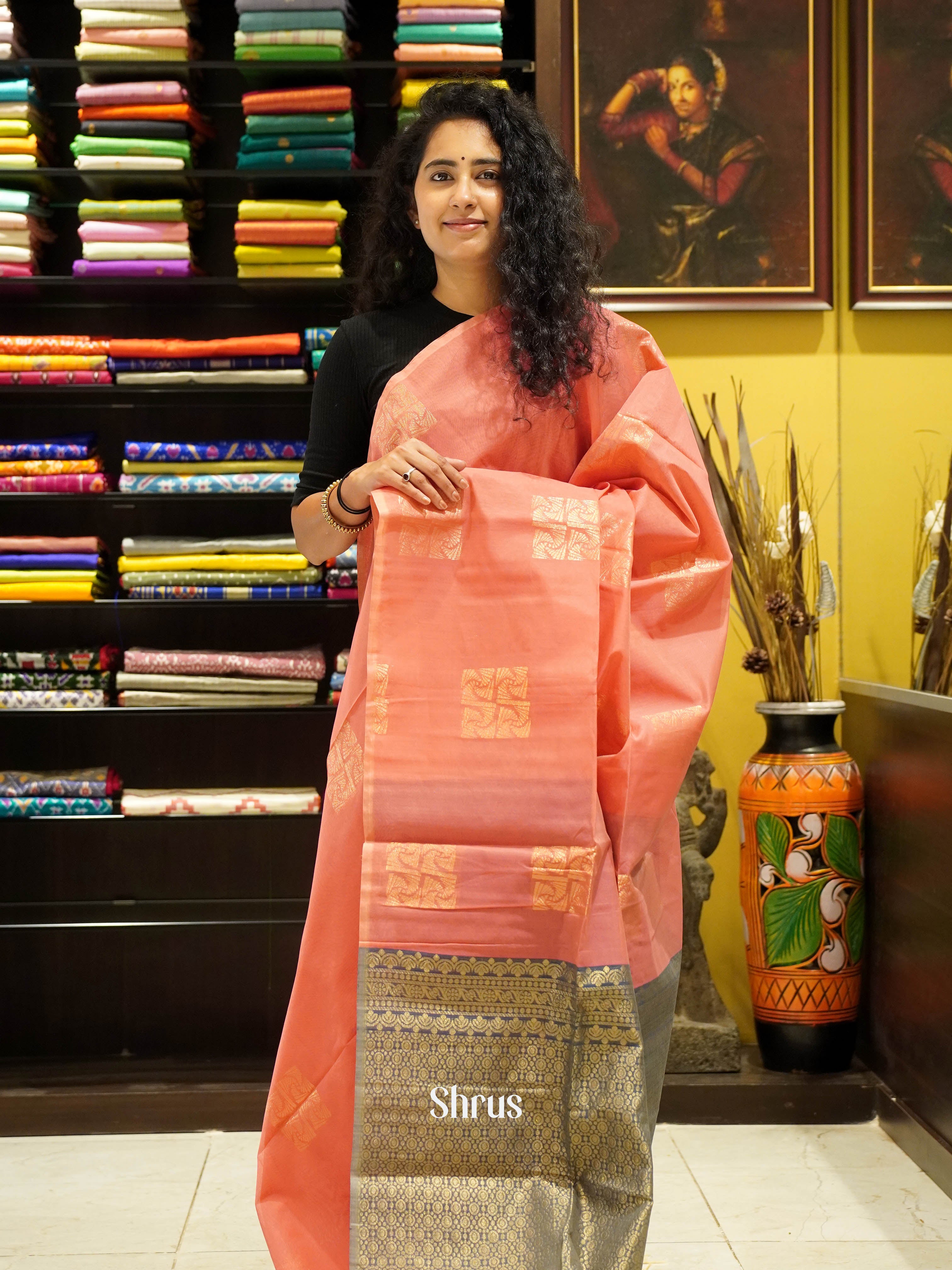 Peachish Pink & Grey- Semi Silkcotton Saree - Shop on ShrusEternity.com
