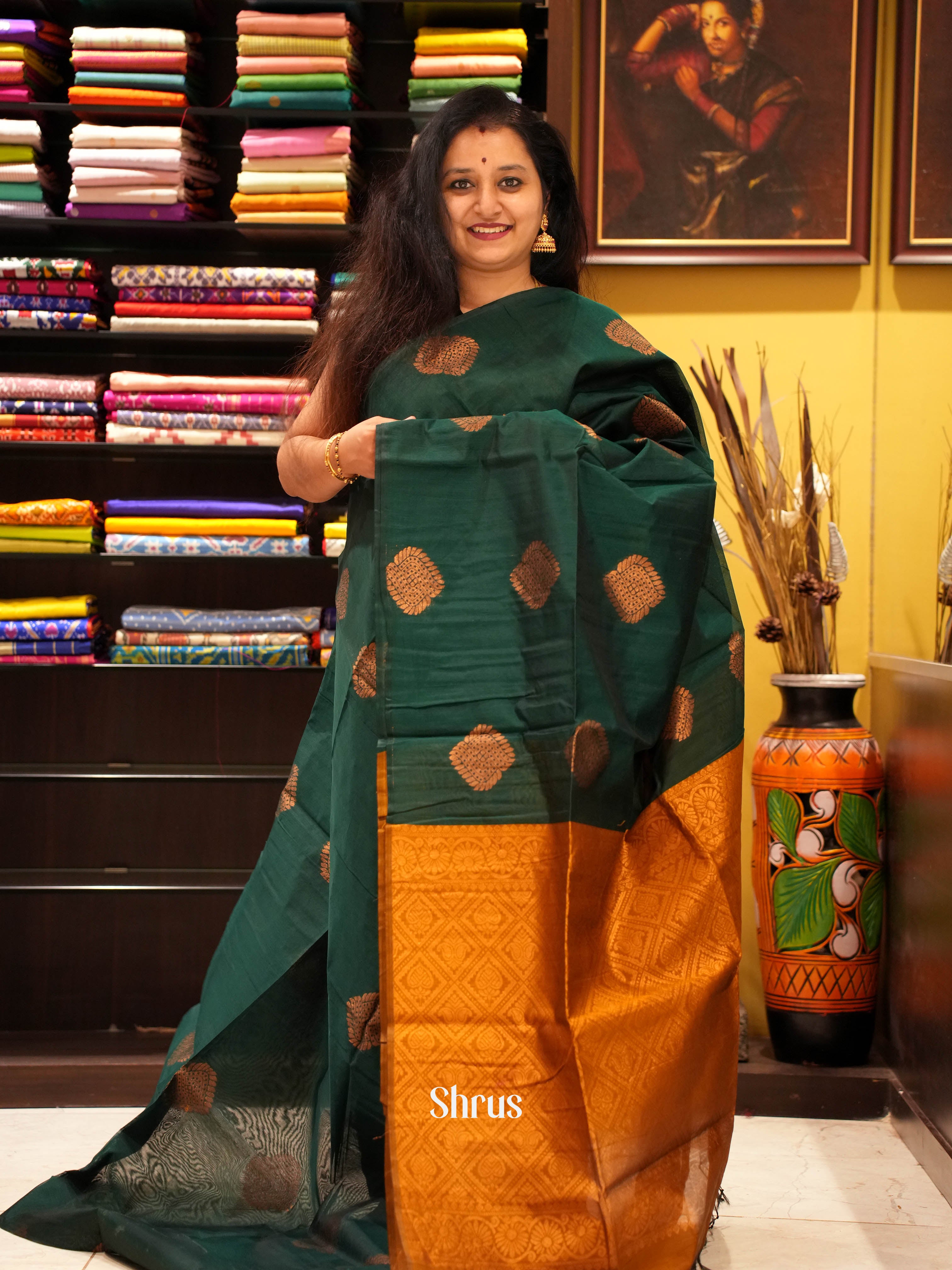 Green & Brick Orange - Semi Silkcotton Saree - Shop on ShrusEternity.com