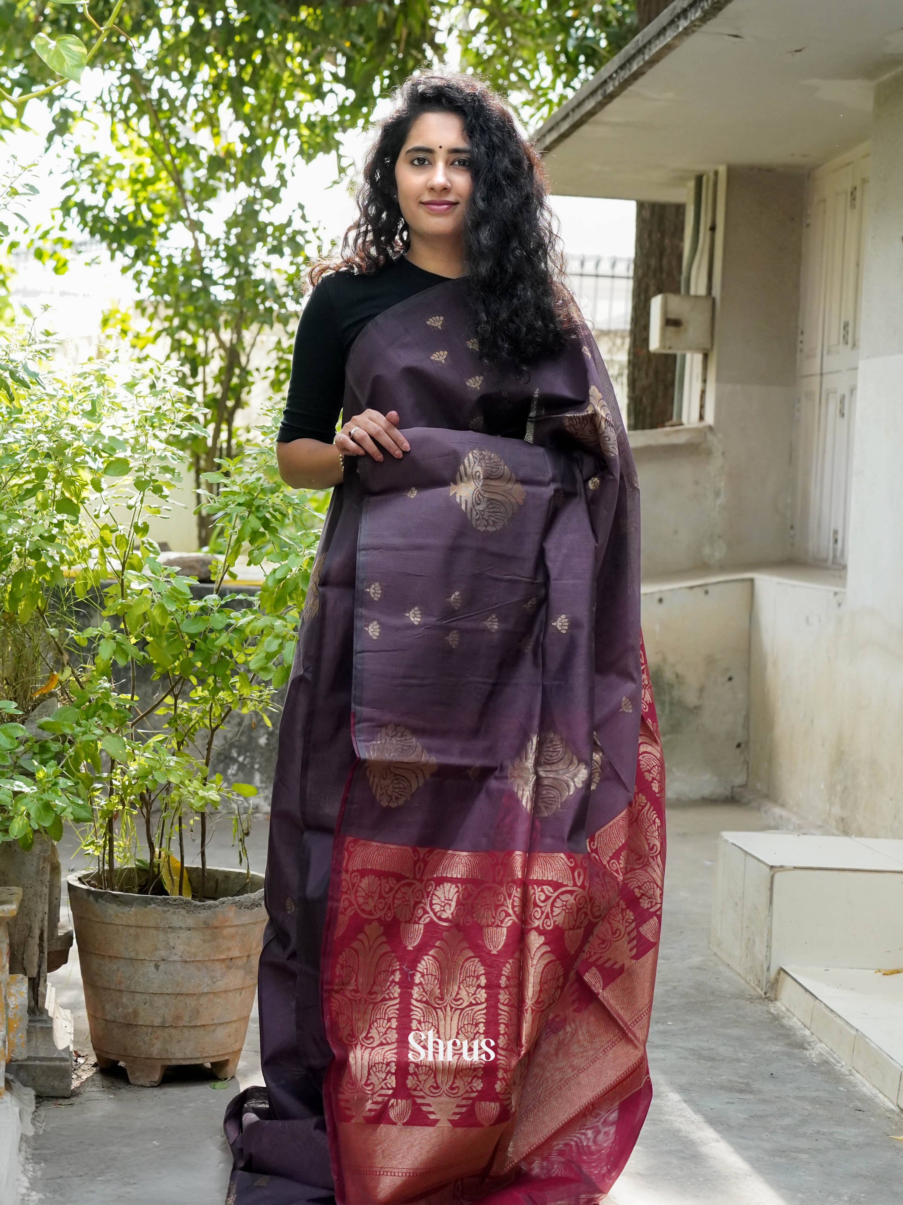 Grey & Maroon - Semi Silkcotton Saree - Shop on ShrusEternity.com