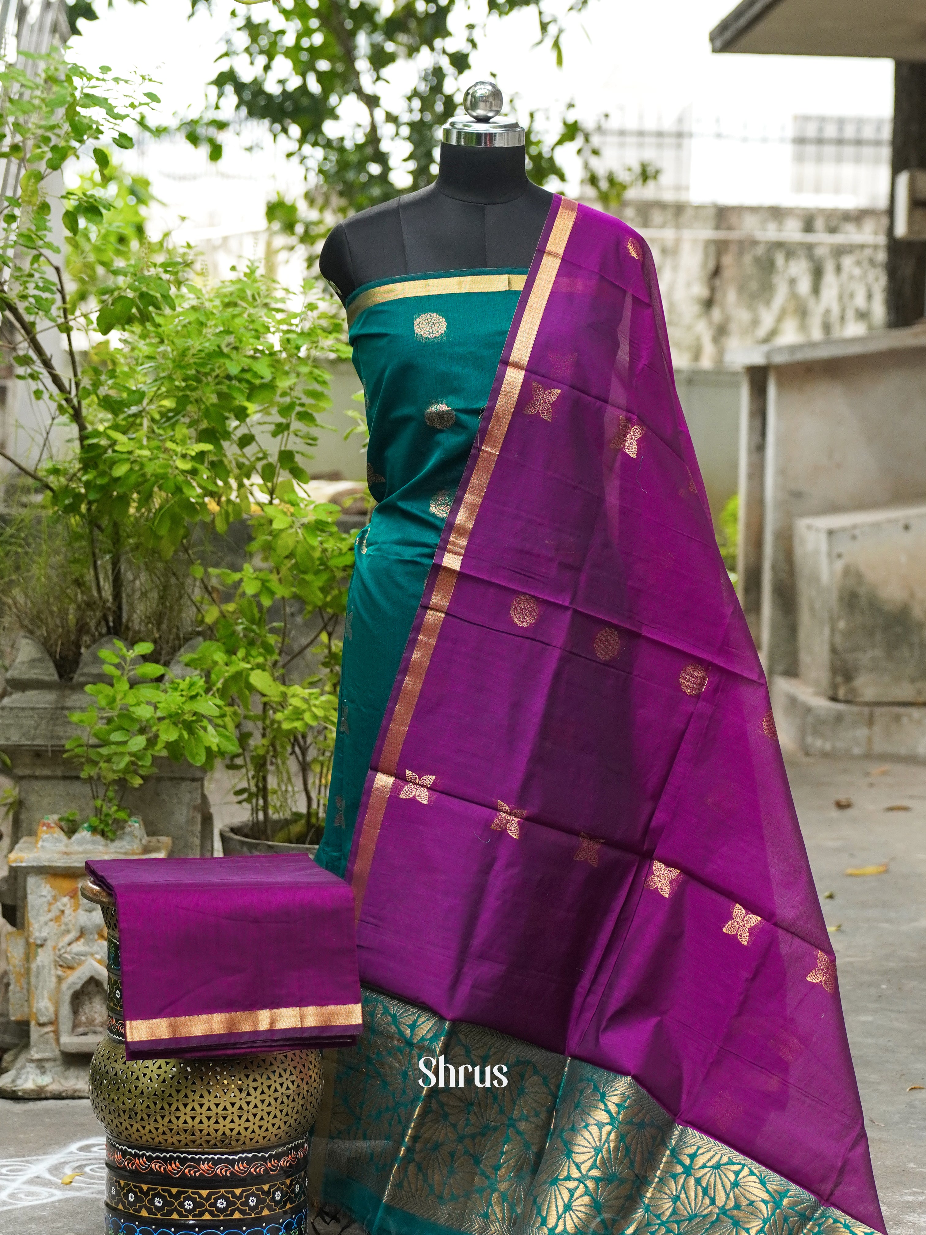 Dark Ramar Green and Purple- Semi silkcotton salwar - Shop on ShrusEternity.com