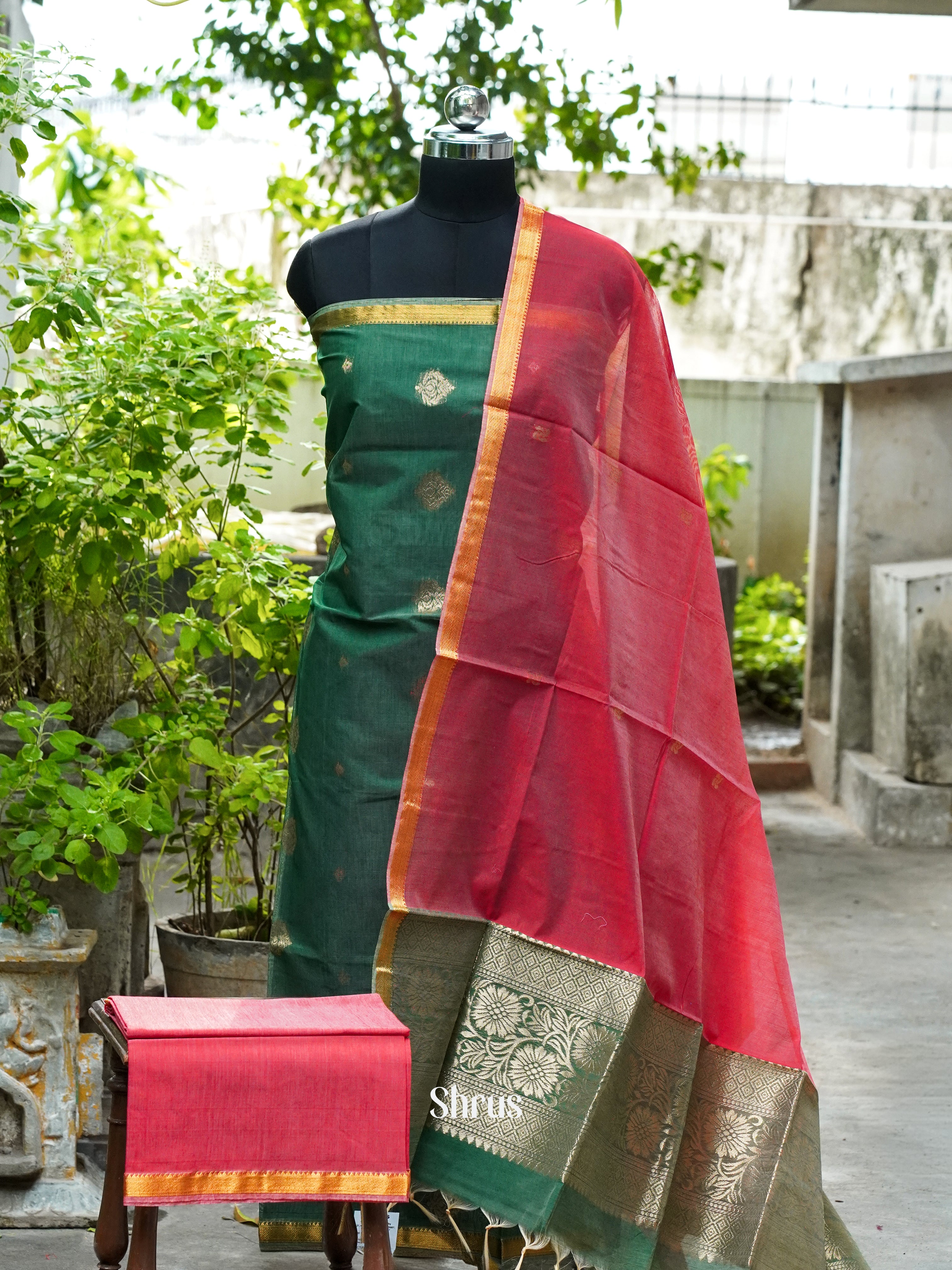 Green & Red - Semi silkcotton salwar - Shop on ShrusEternity.com