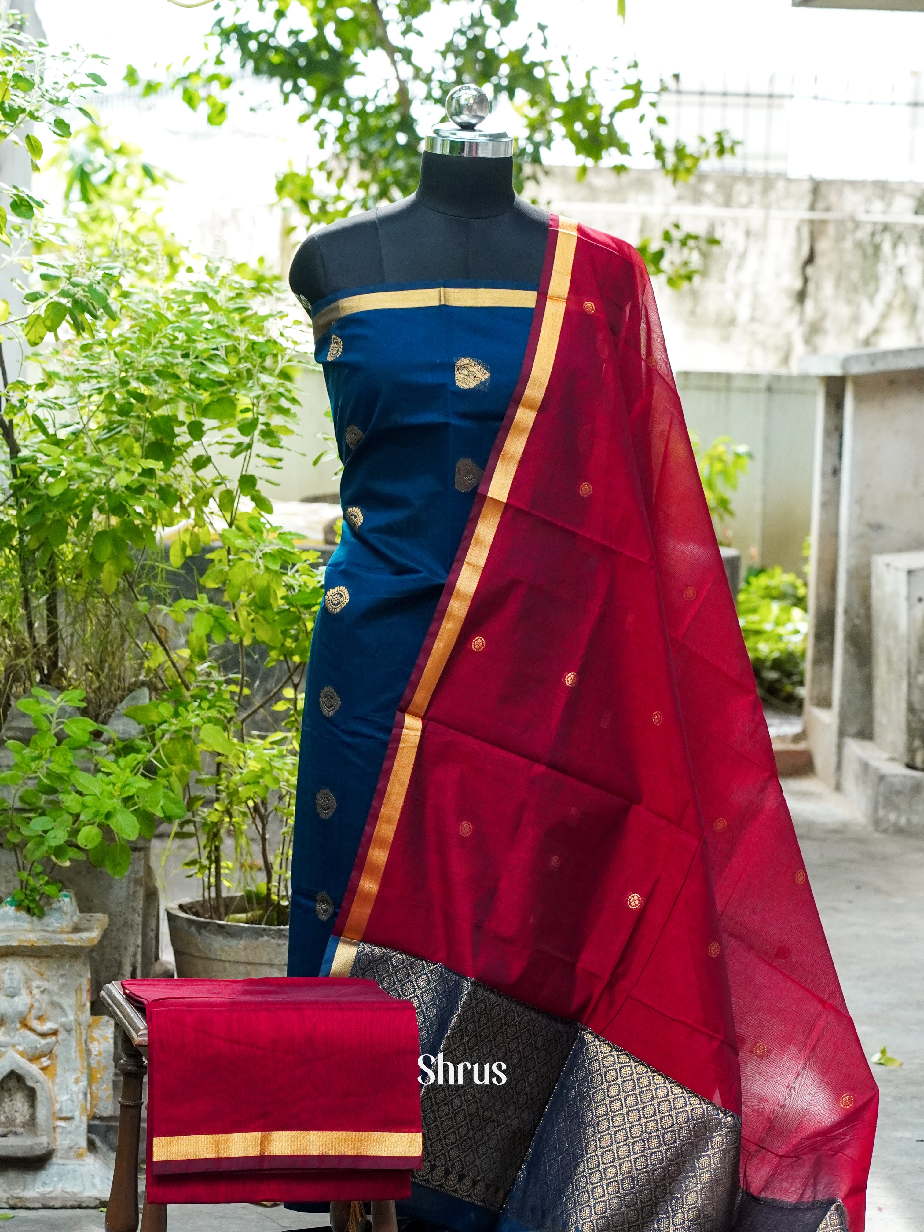 Navy Blue and Maroon - Semi silkcotton salwar - Shop on ShrusEternity.com