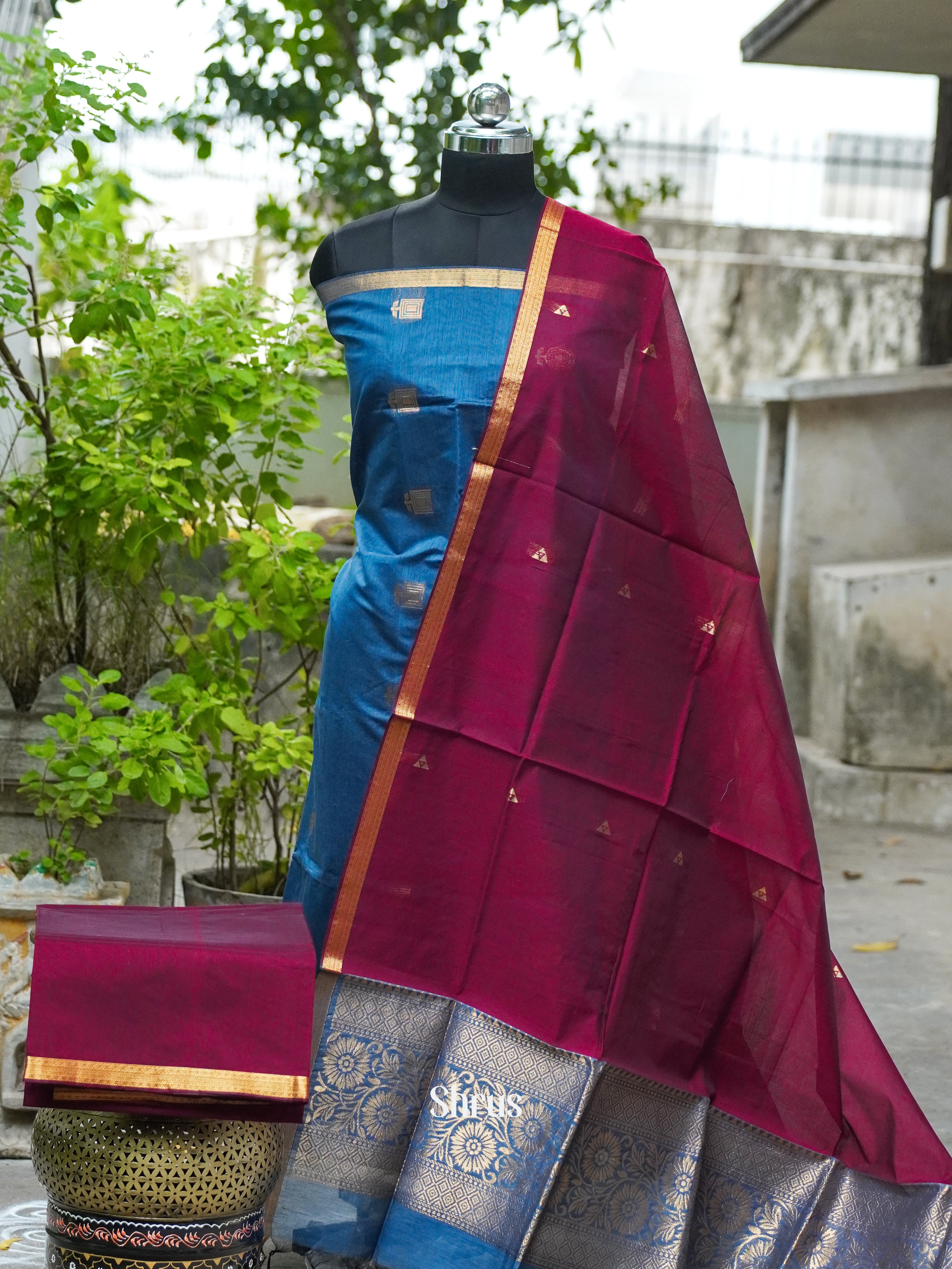 Prussian Blue and Dark Maroon - Semi silkcotton salwar - Shop on ShrusEternity.com
