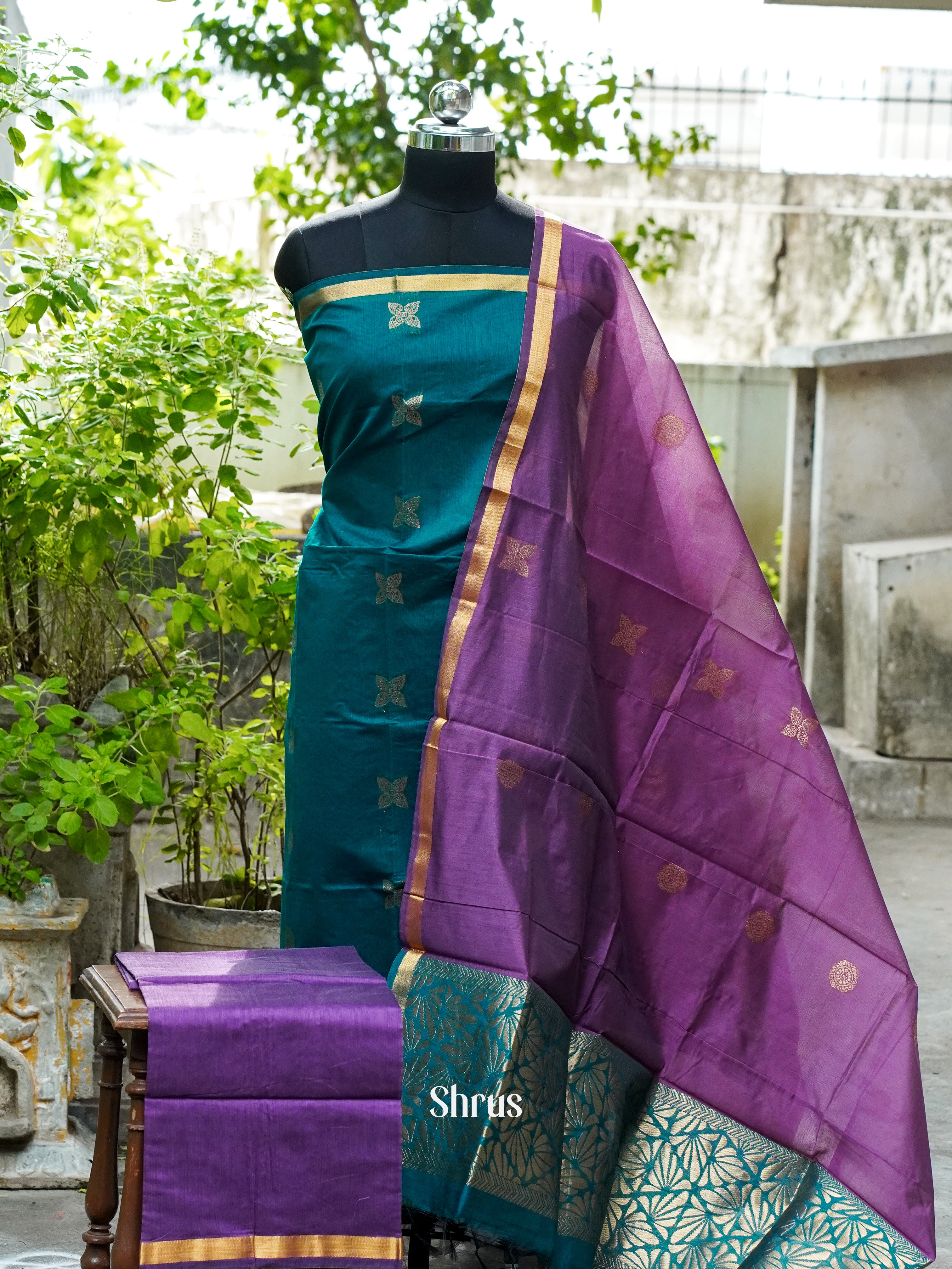 Pine Green and Mauve Violet - Semi silkcotton salwar - Shop on ShrusEternity.com