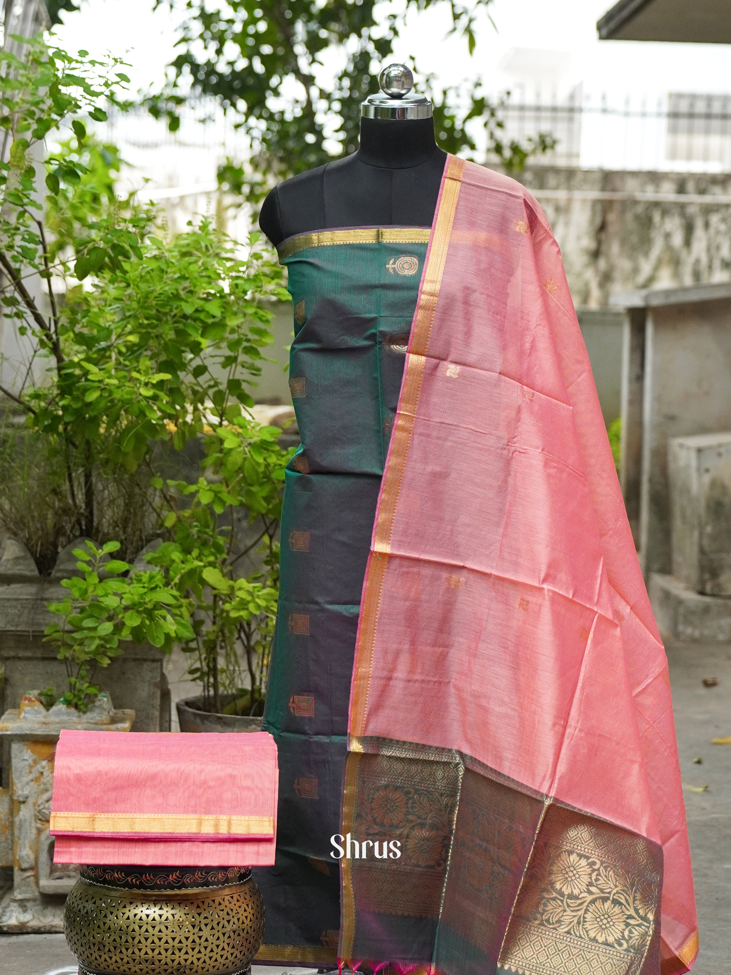Double Shaded Green and Peachy Pink - Semi silkcotton salwar - Shop on ShrusEternity.com