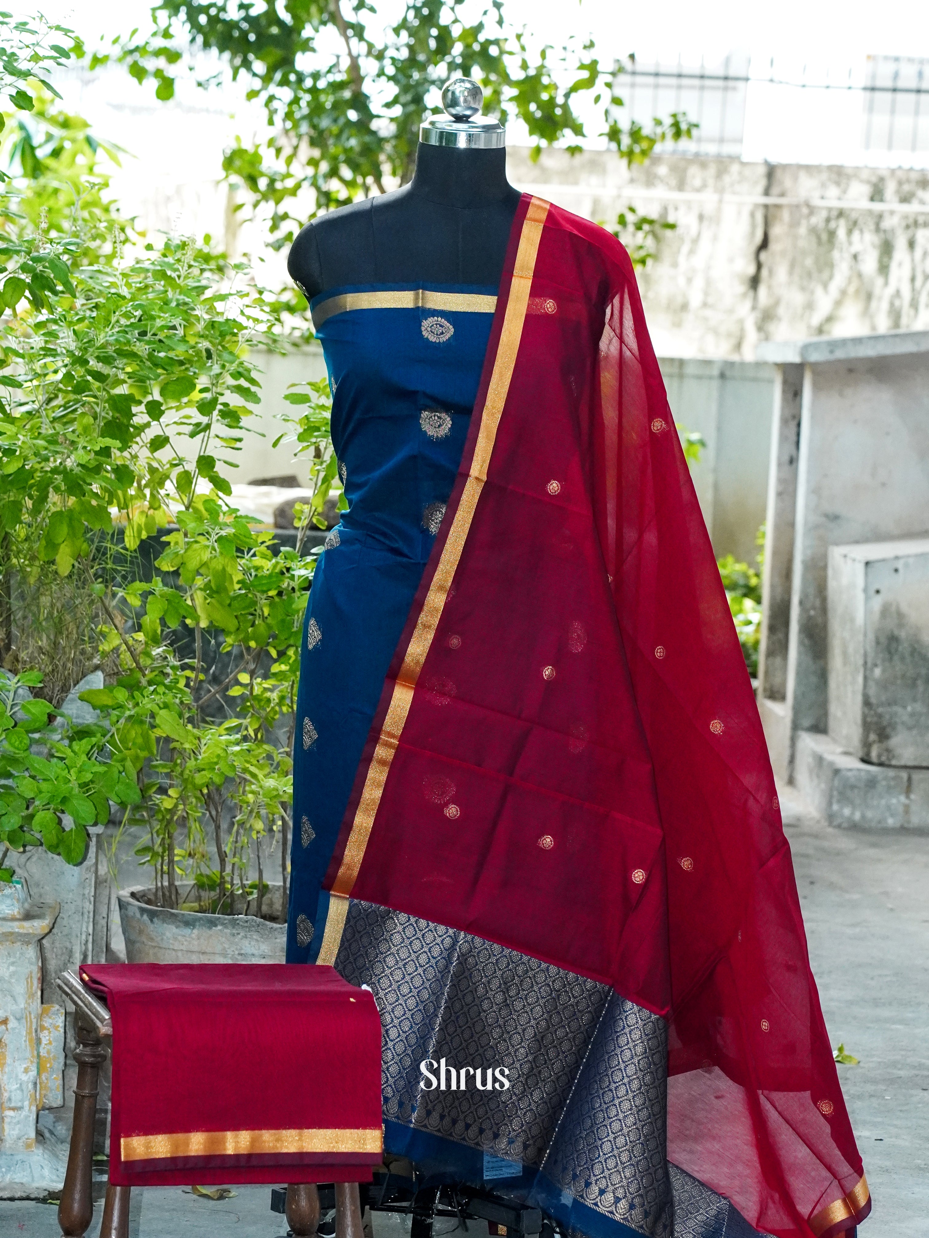 Navy Blue and Dark Maroon - Semi silkcotton salwar - Shop on ShrusEternity.com