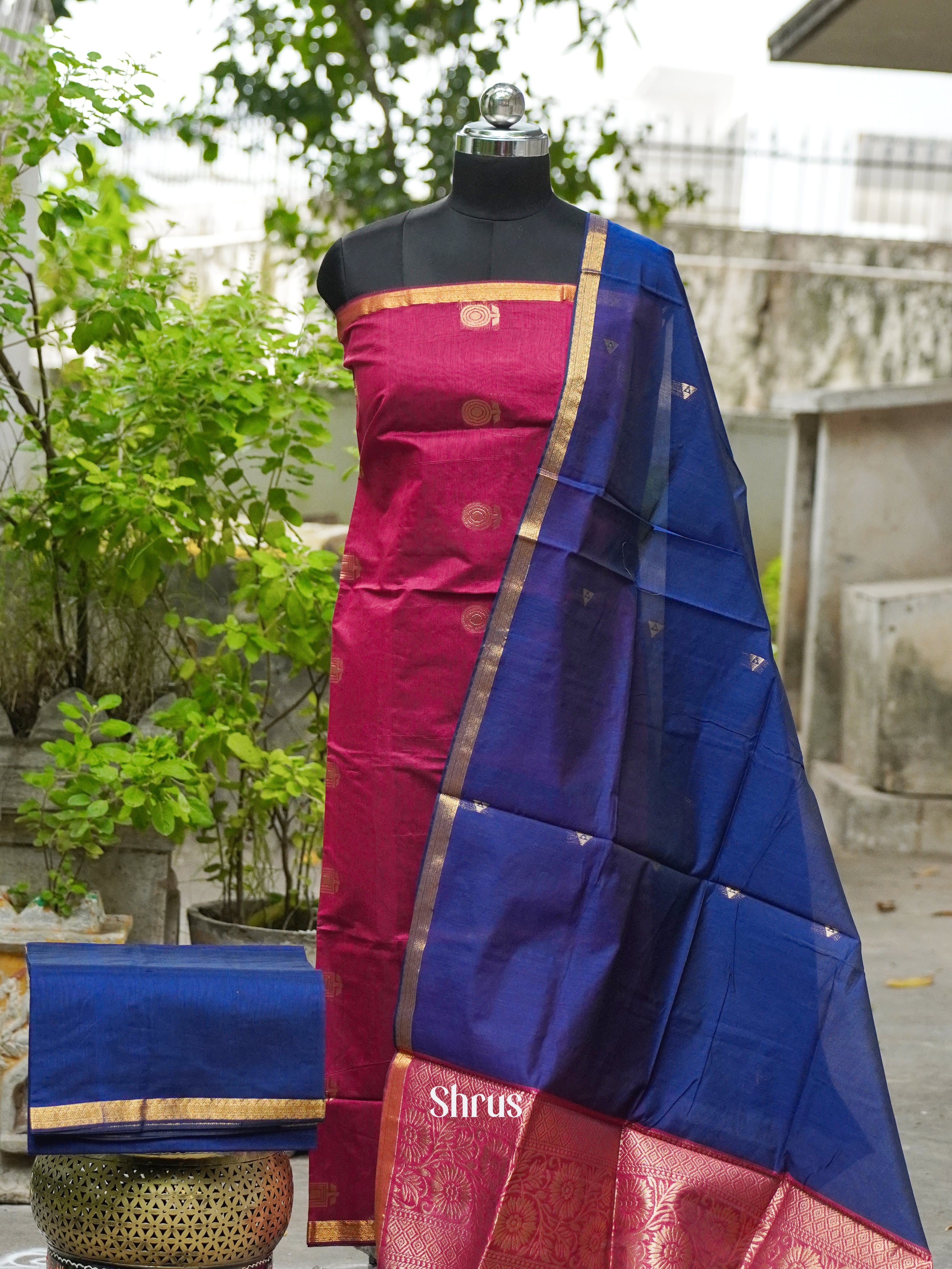 Wine Maroon and Navy Blue - Semi silkcotton salwar - Shop on ShrusEternity.com