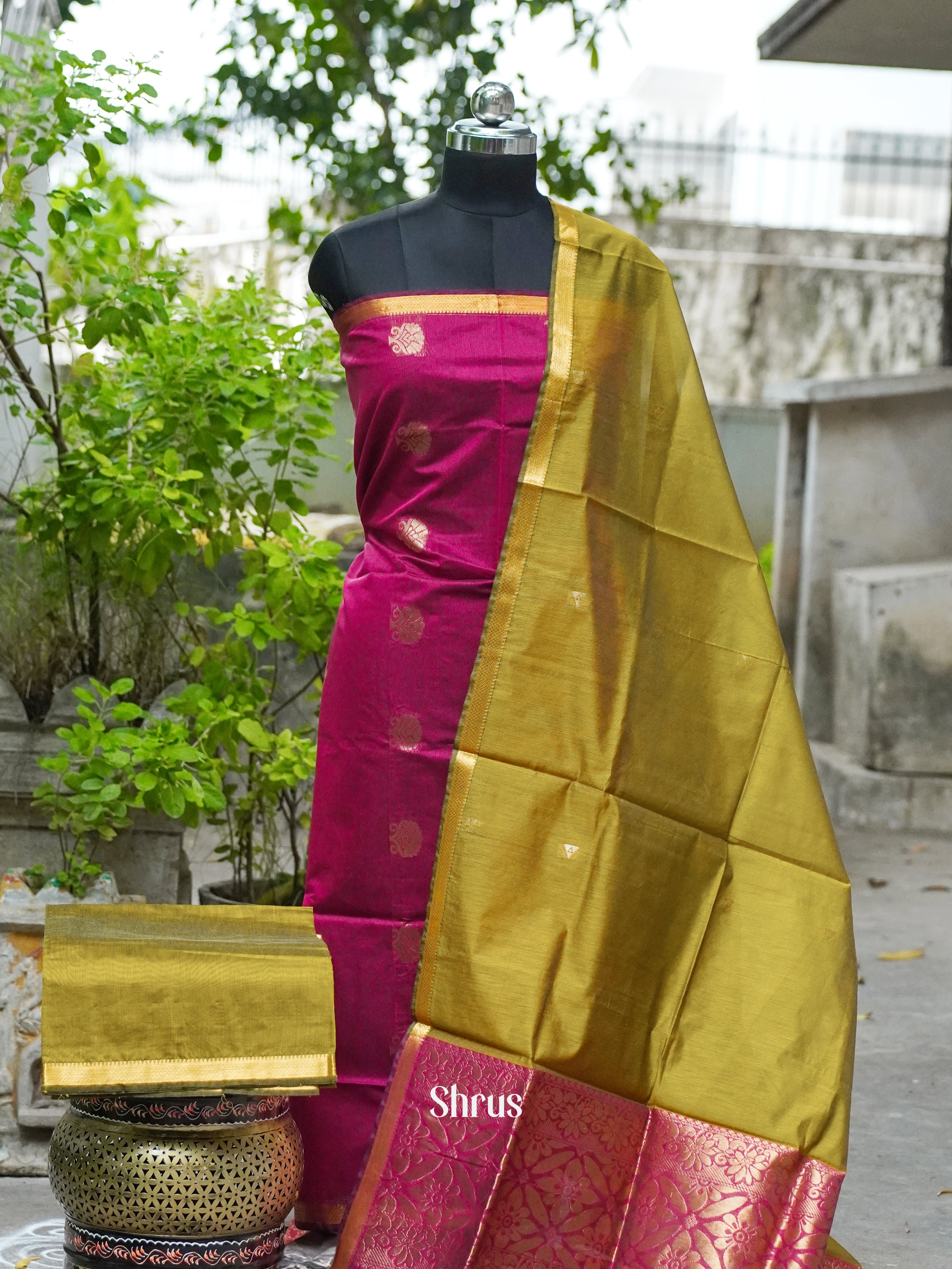 Pink and Mehandi Green - Semi silkcotton salwar - Shop on ShrusEternity.com