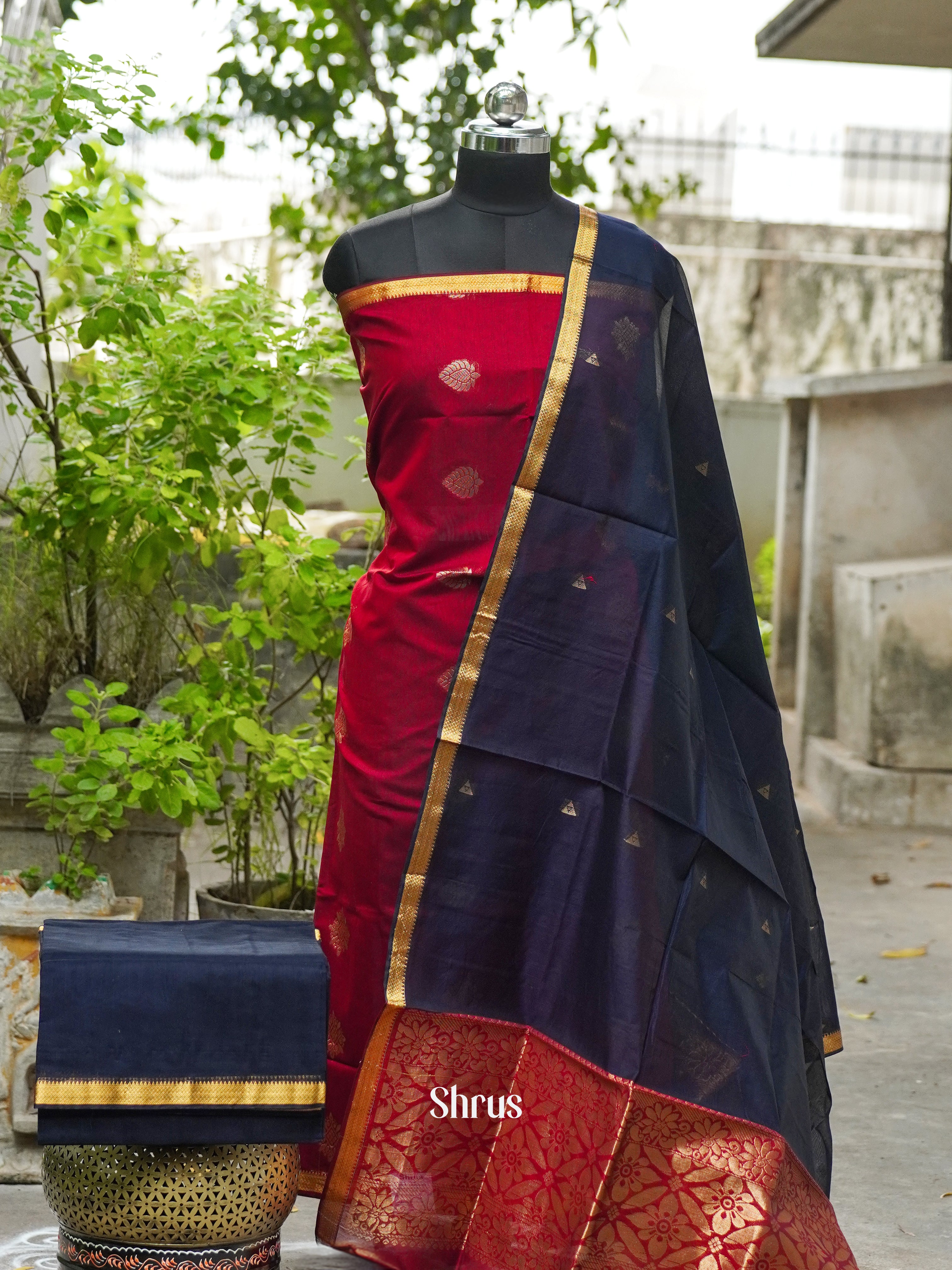 Red and Navy Blue- Semi silkcotton salwar - Shop on ShrusEternity.com