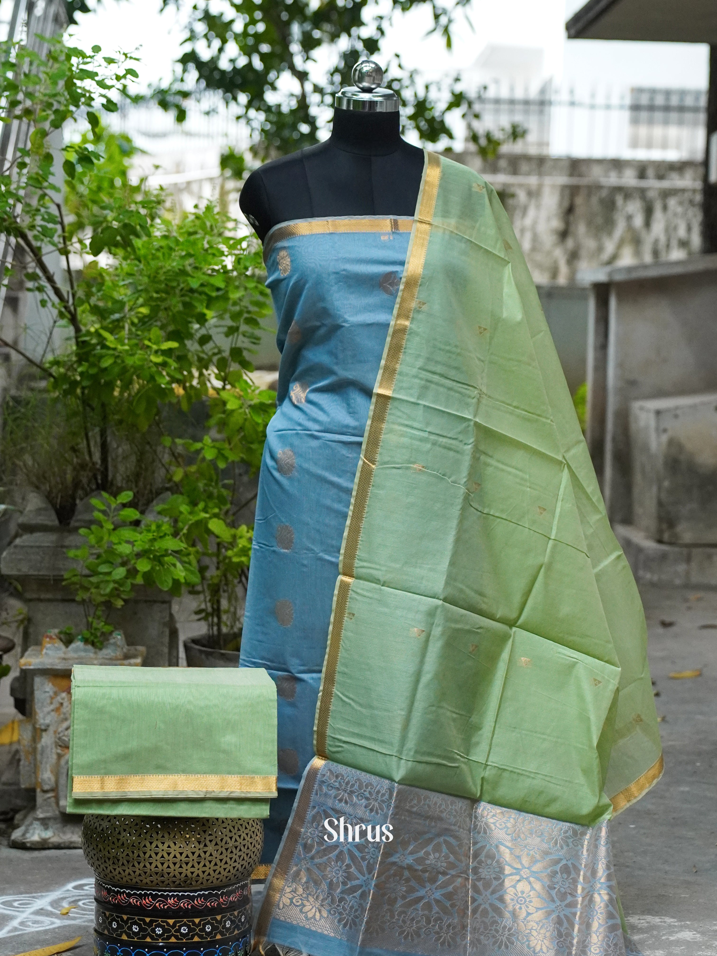 Steel Blue and Pista Green - Semi silkcotton salwar - Shop on ShrusEternity.com