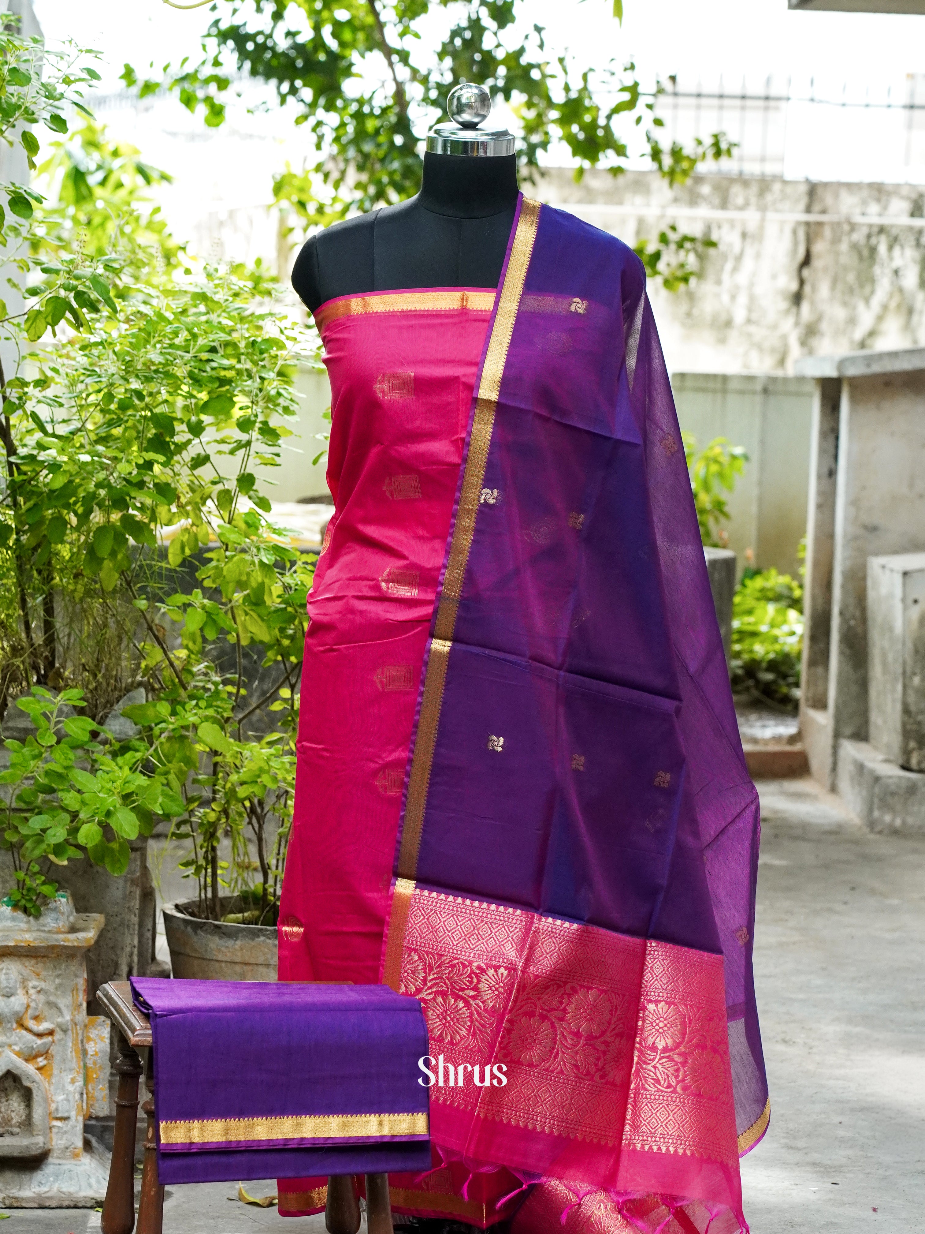 Rosy Pink & Dark Purple- Semi silkcotton salwar - Shop on ShrusEternity.com