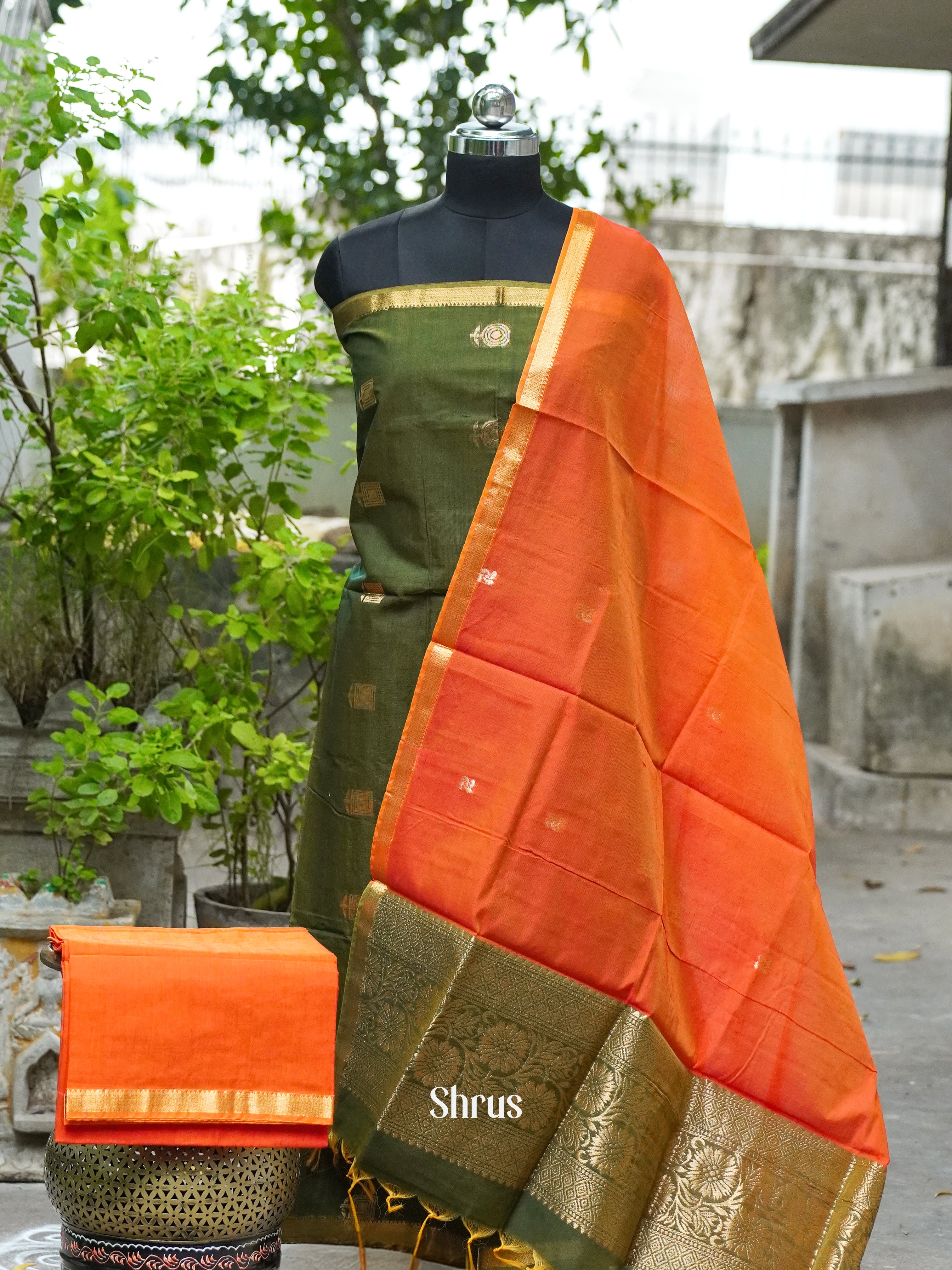 Olive Green and Orange- Semi silkcotton salwar - Shop on ShrusEternity.com