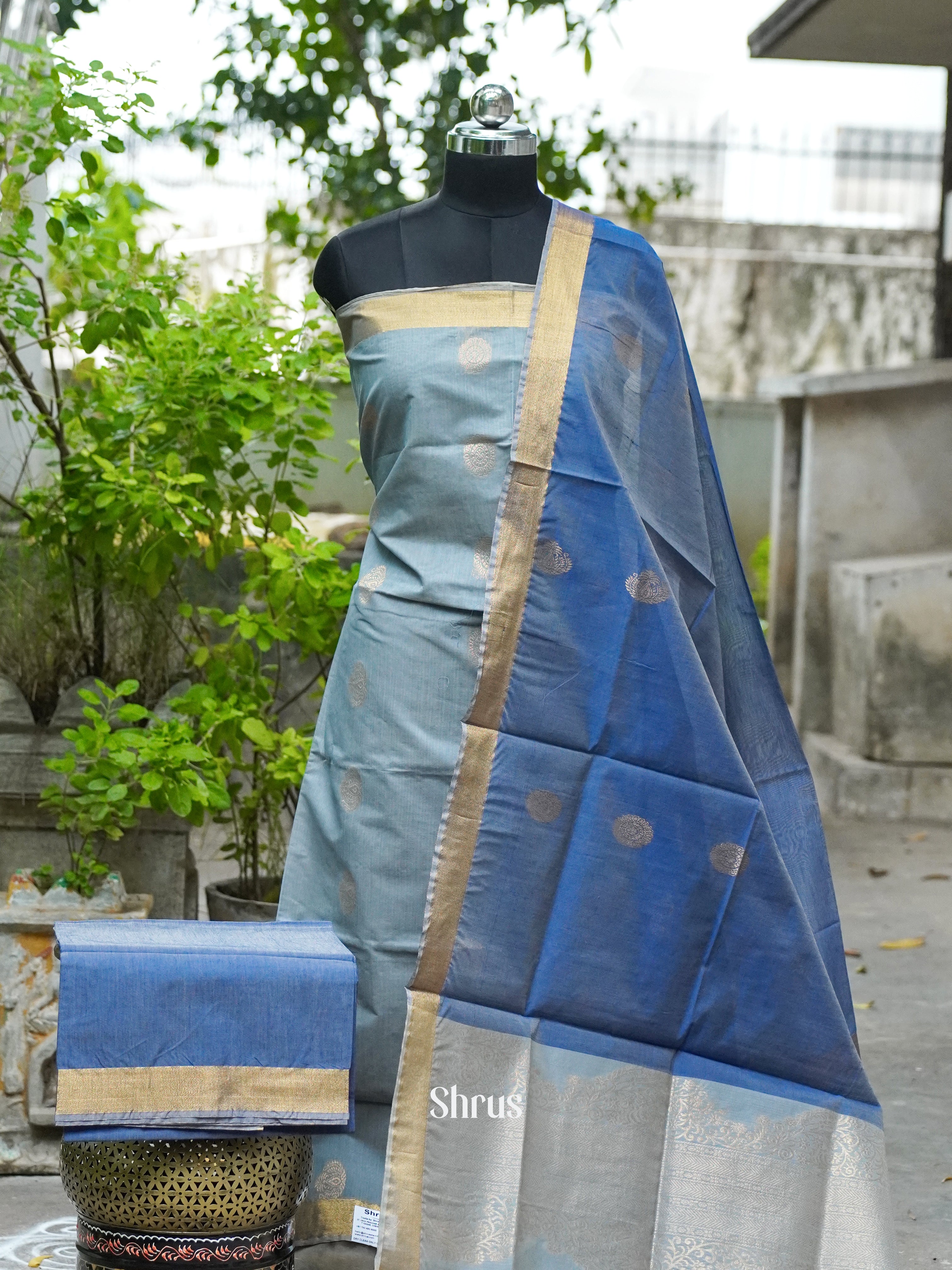 Steel Grey and Double Shaded Blue - Semi silkcotton salwar - Shop on ShrusEternity.com