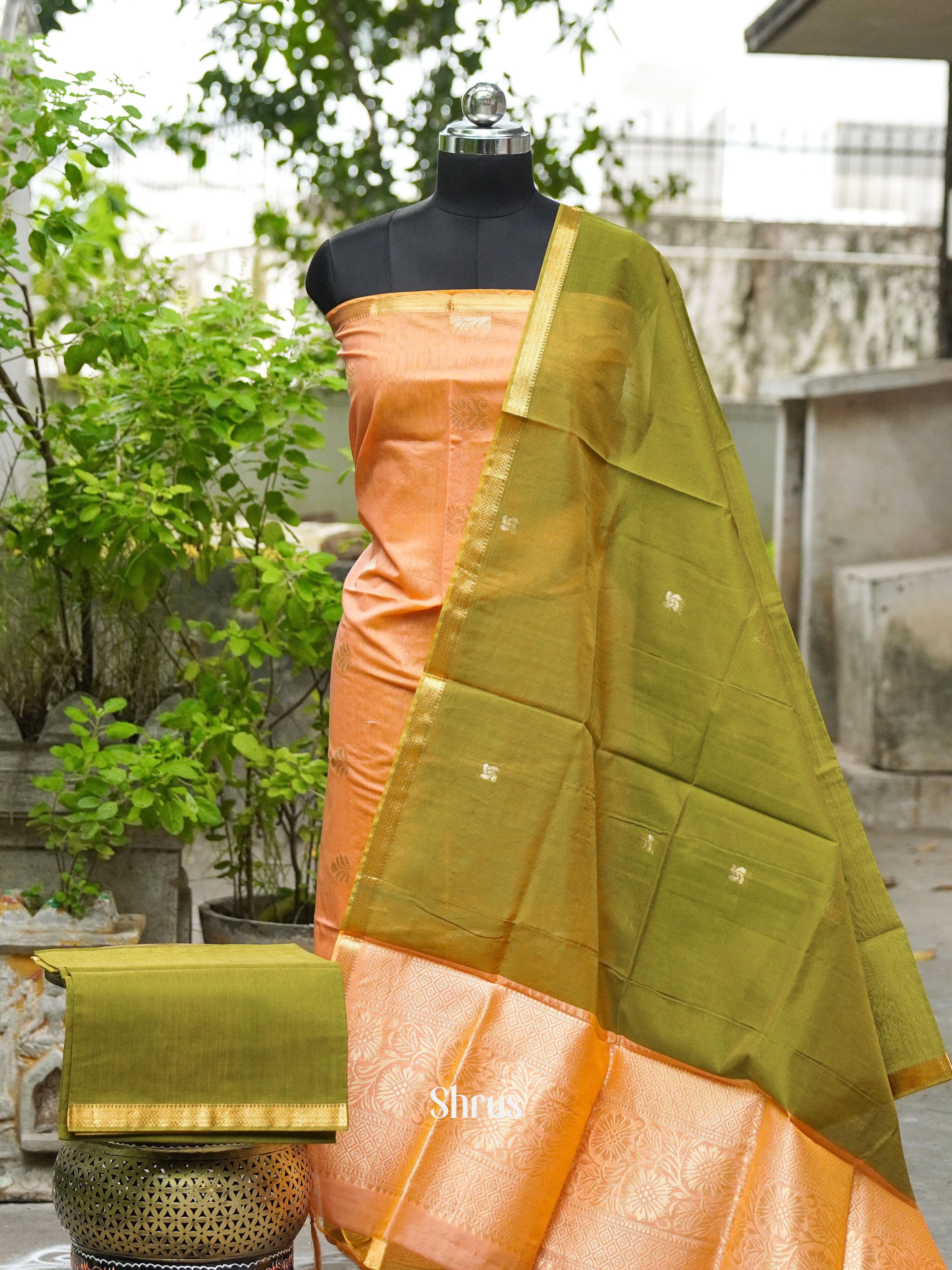 Creamy Peach and Olive Green - Semi silkcotton salwar - Shop on ShrusEternity.com
