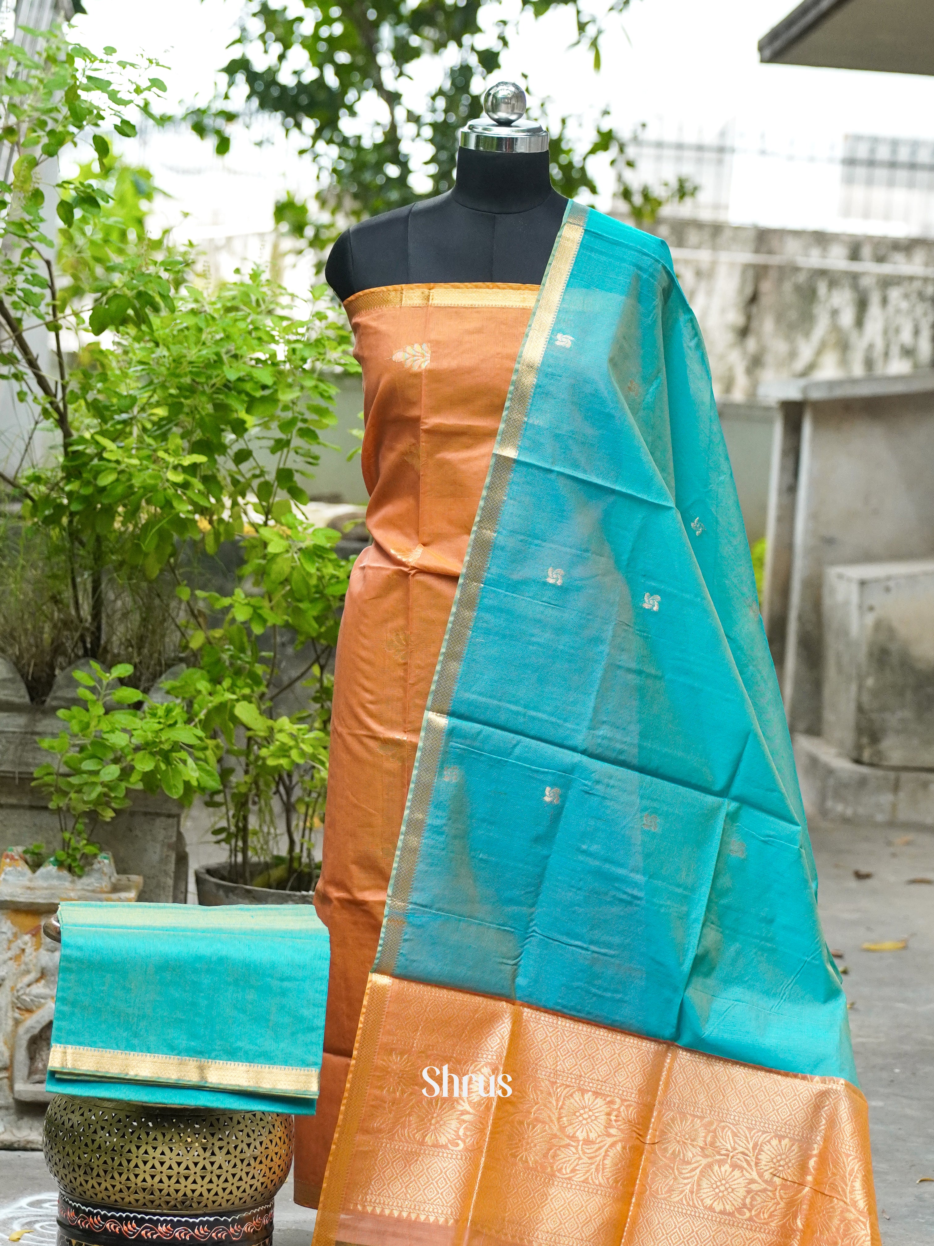 Peachy Orange and Sky Blue - Semi silkcotton salwar - Shop on ShrusEternity.com
