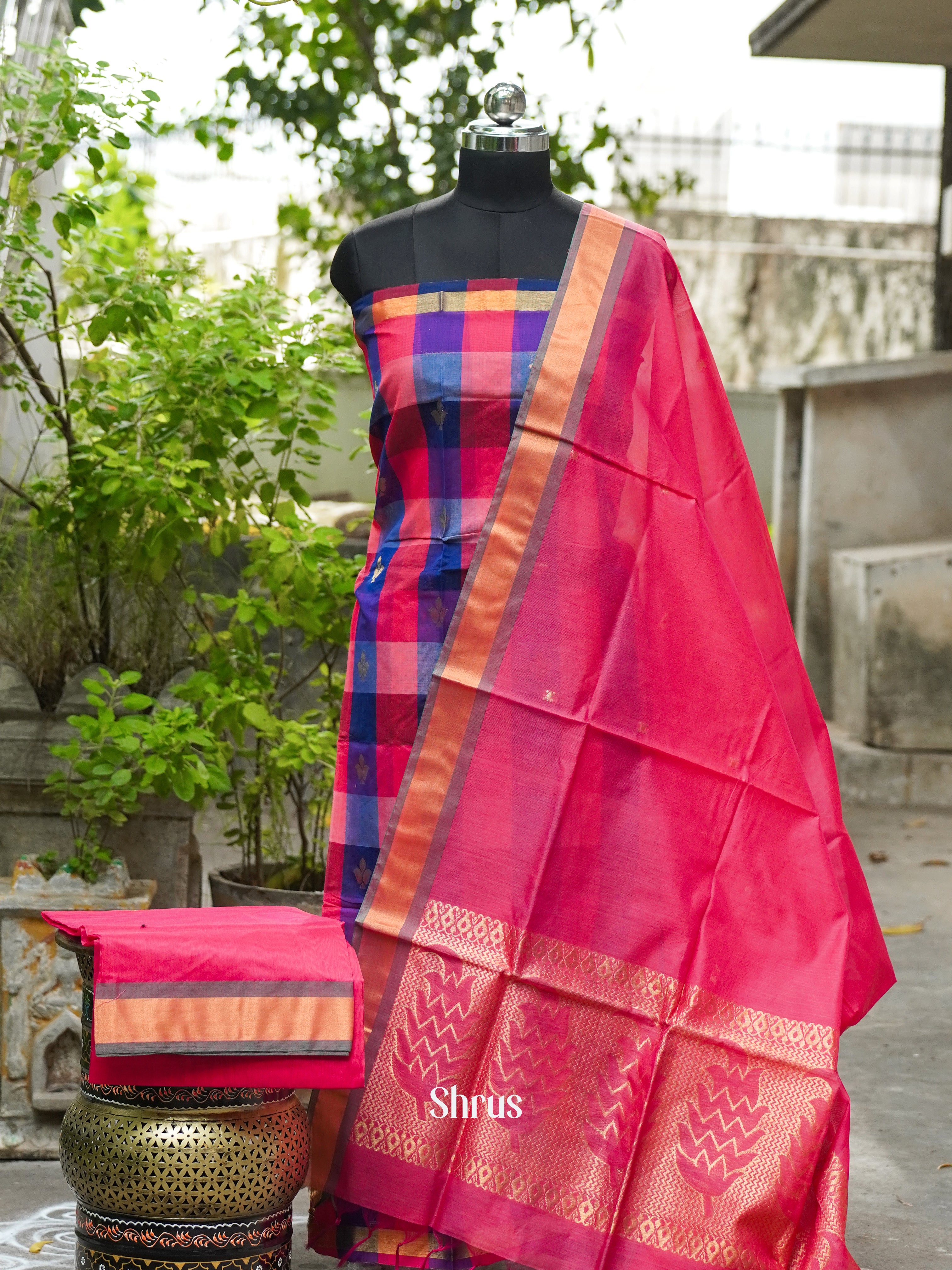 Dark Pink and Navy Blue - Semi silkcotton salwar - Shop on ShrusEternity.com