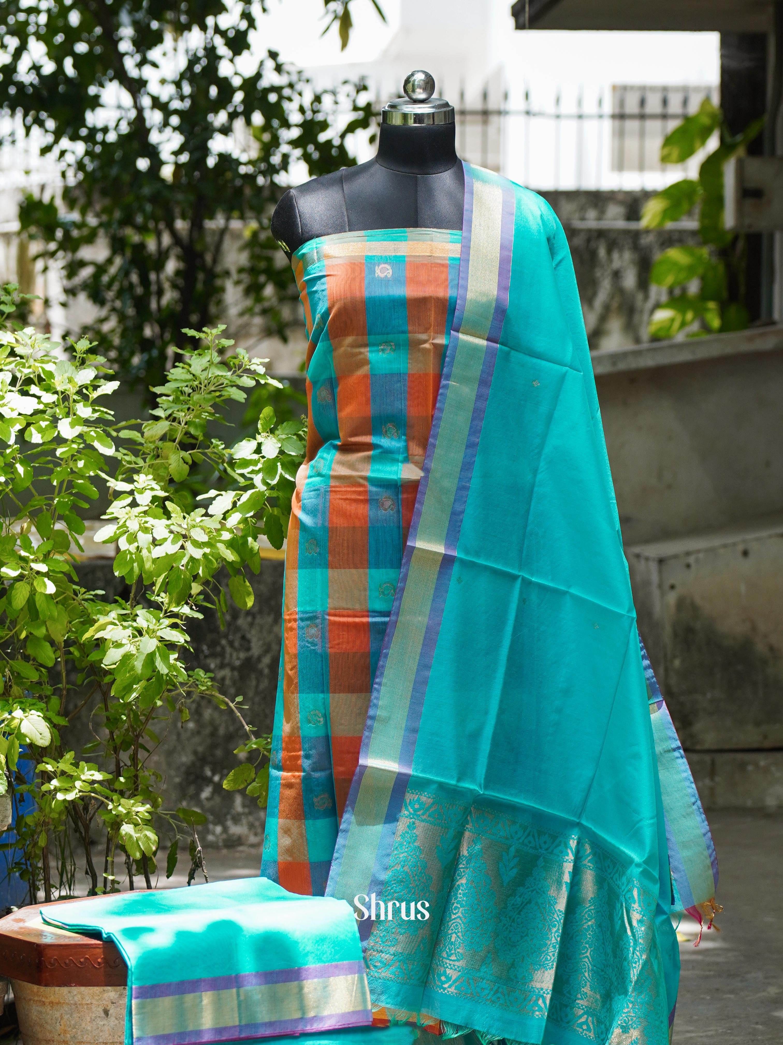 Orange & Sky Blue - Semi silkcotton salwar - Shop on ShrusEternity.com
