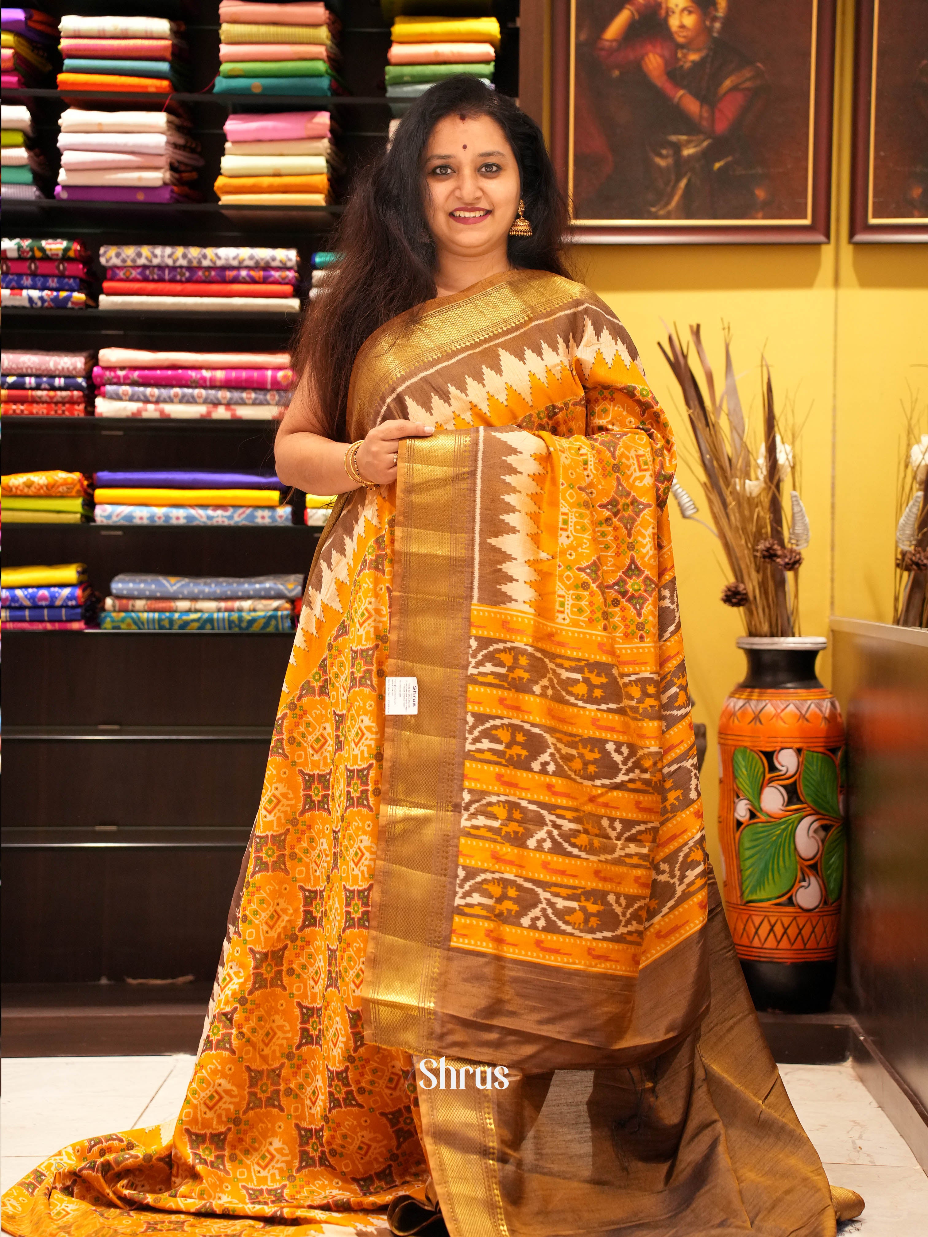 Mustard & Brown - Semi Patola Saree - Shop on ShrusEternity.com
