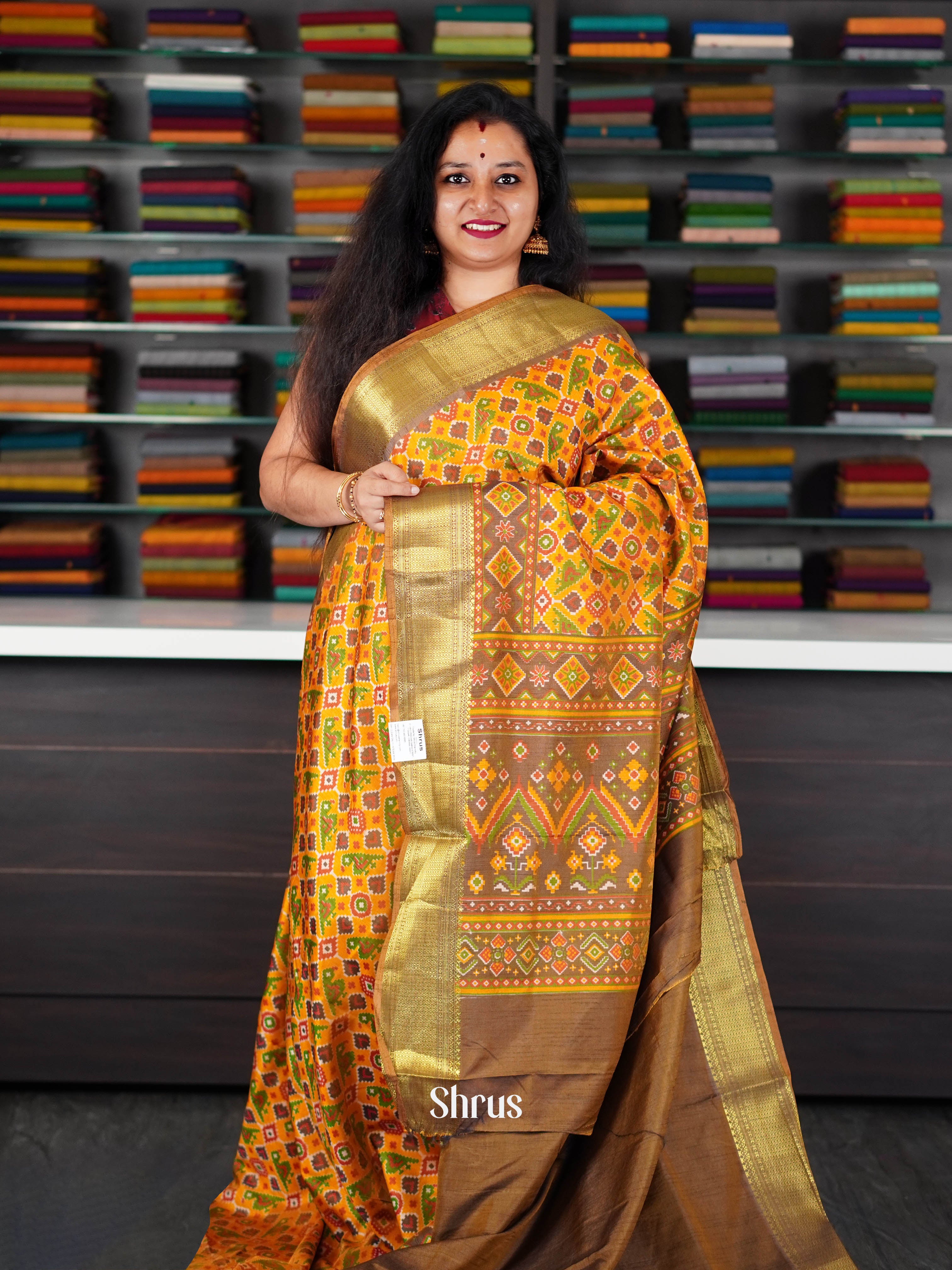 Mustard & Mehandi - Semi Patola Saree - Shop on ShrusEternity.com
