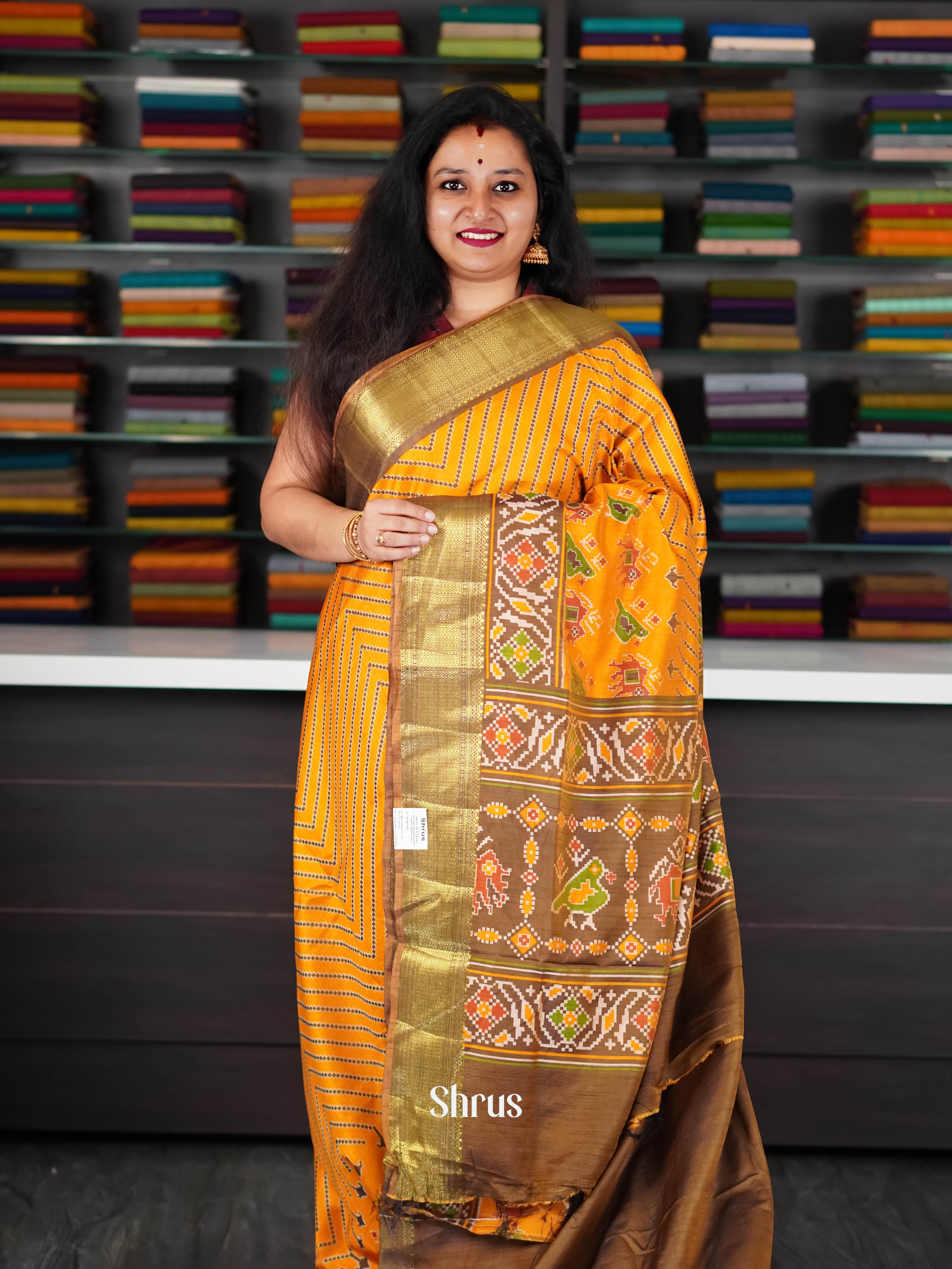 Golden Orange & Brown - Semi Patola Saree - Shop on ShrusEternity.com