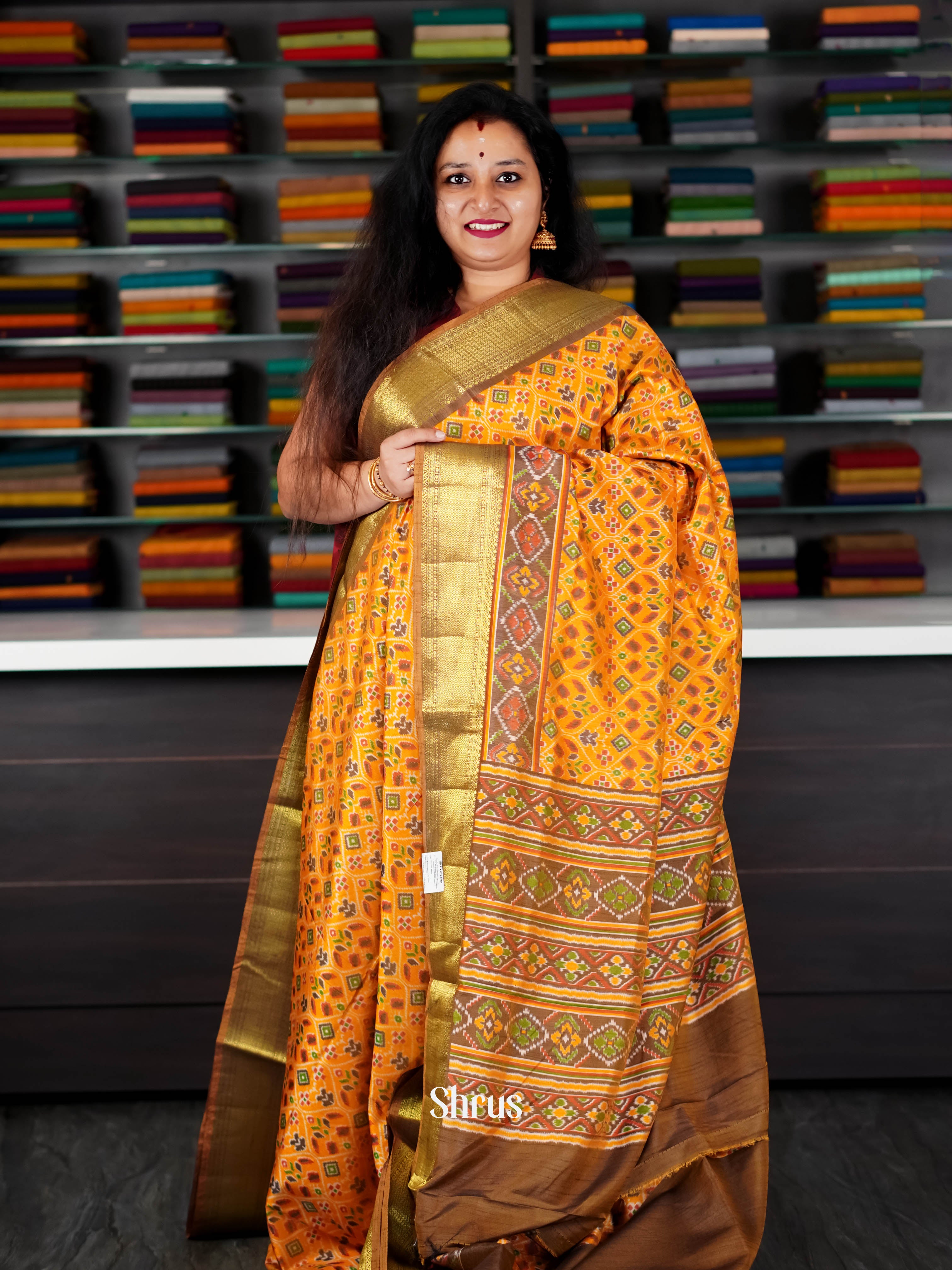 Mustard & Brown - Semi Patola Saree - Shop on ShrusEternity.com