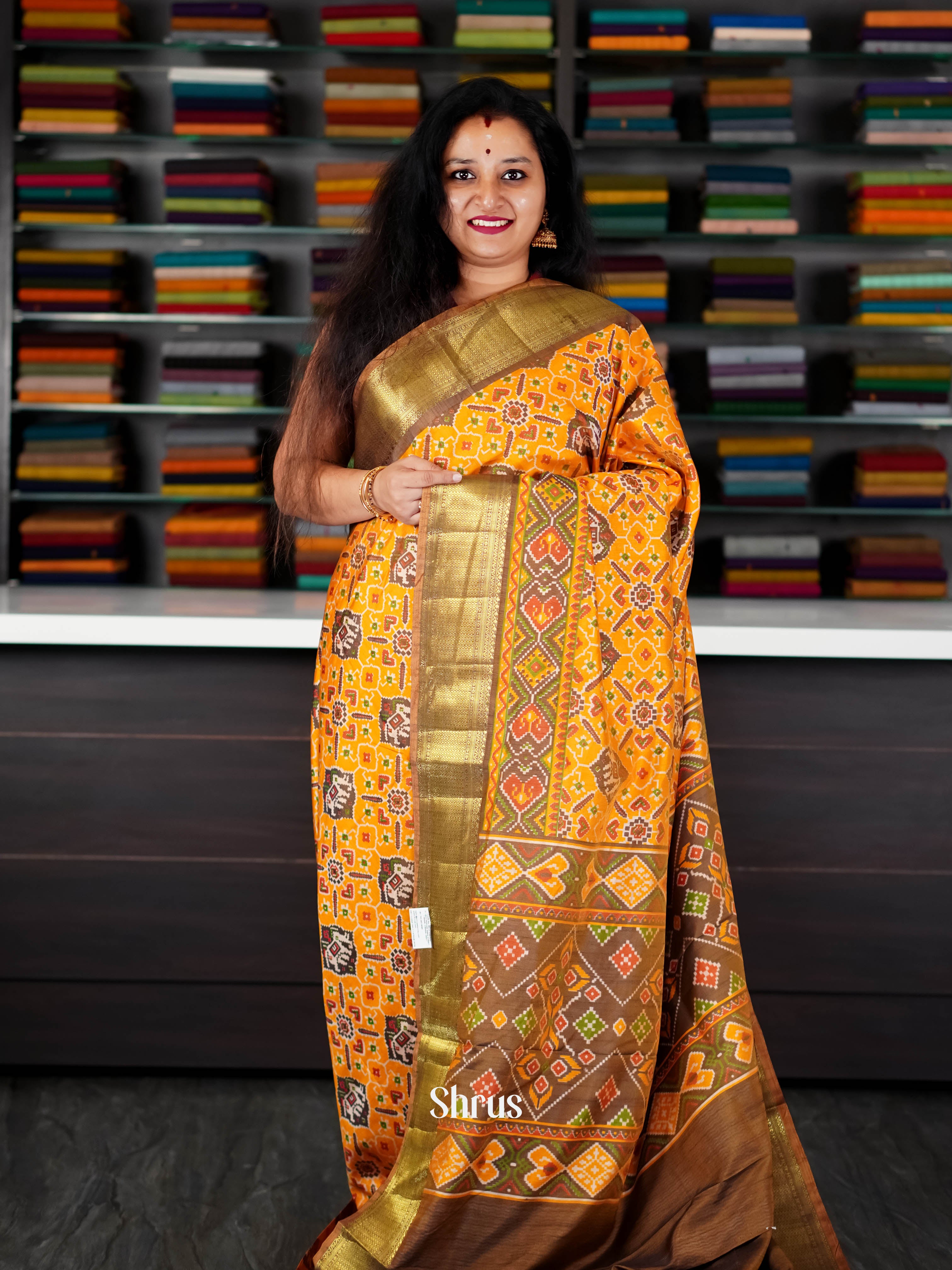Golden Orange & Brown - Semi Patola saree - Shop on ShrusEternity.com