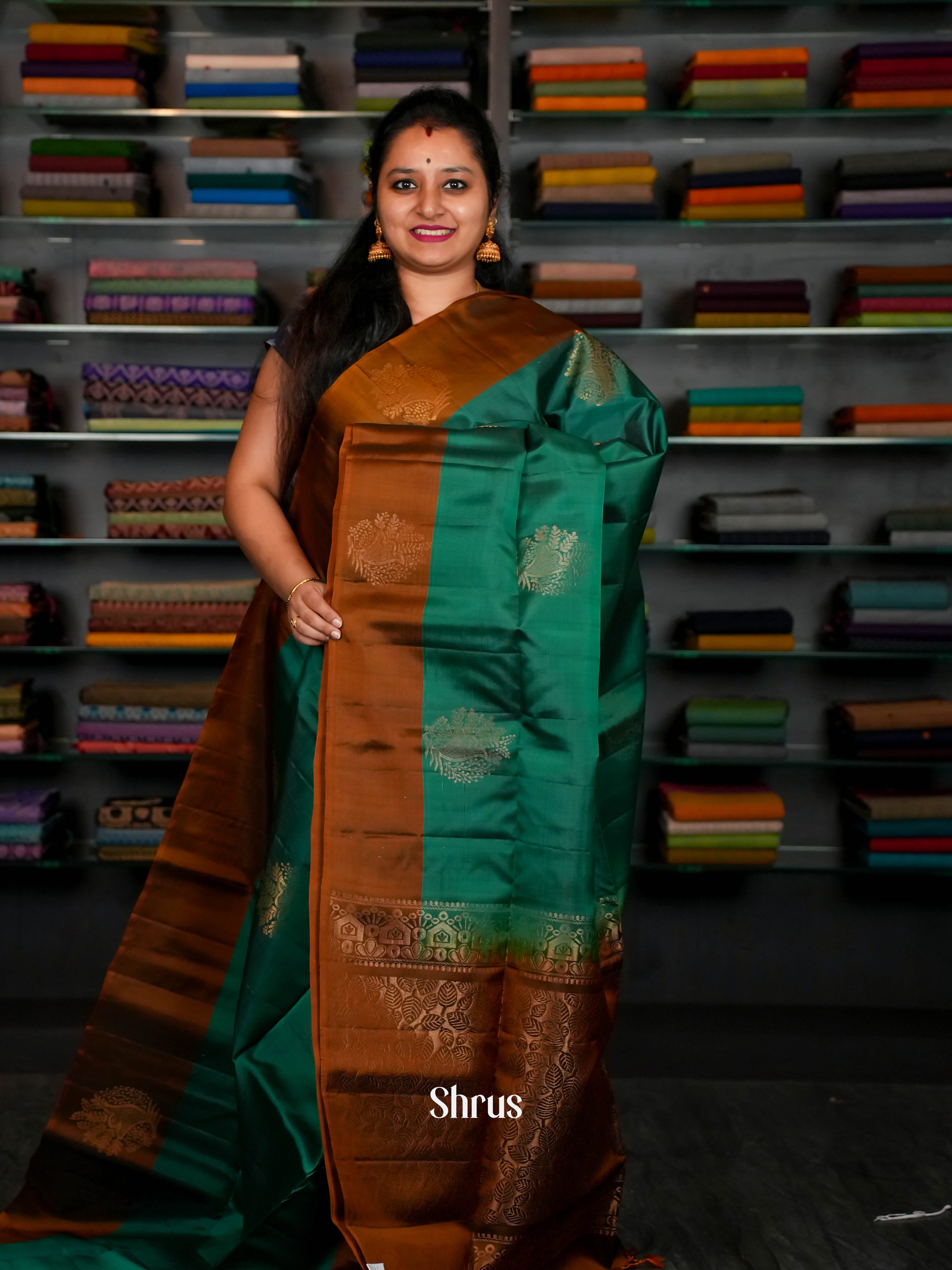 Golden Brown & Green - Softsilk-halfpure Saree - Shop on ShrusEternity.com