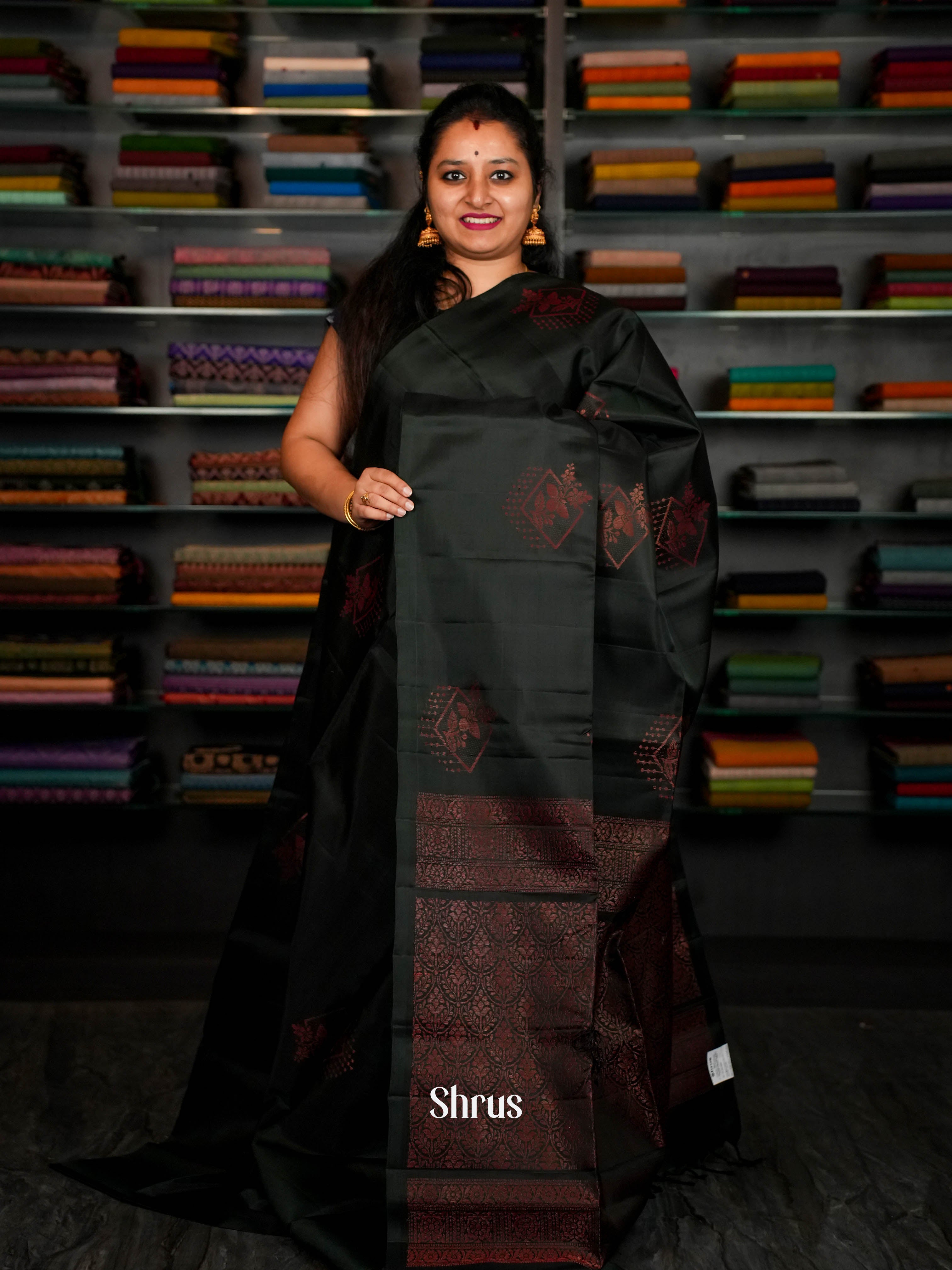 Dark Green With Black - Softsilk-halfpure Saree - Shop on ShrusEternity.com