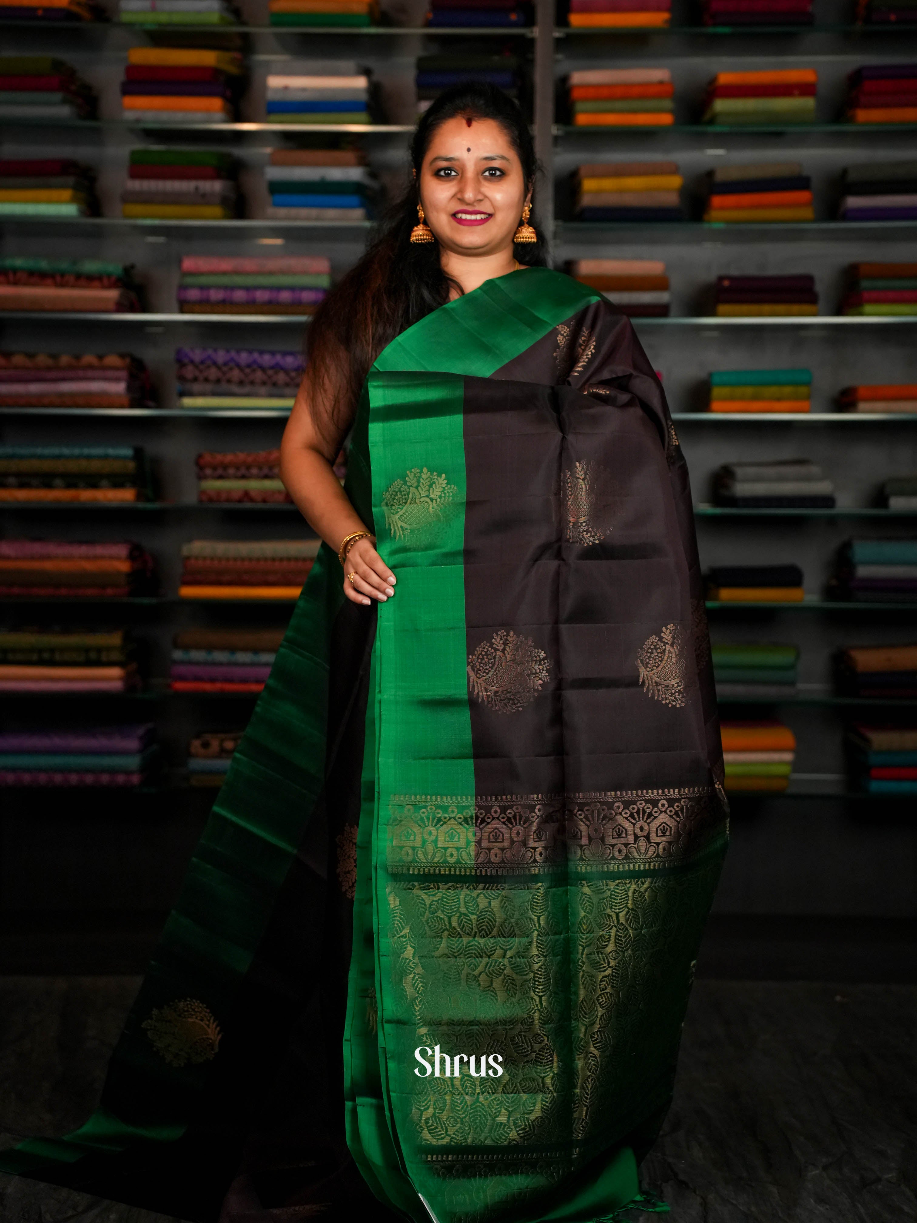 Green & Dark Brown - Softsilk-halfpure Saree - Shop on ShrusEternity.com