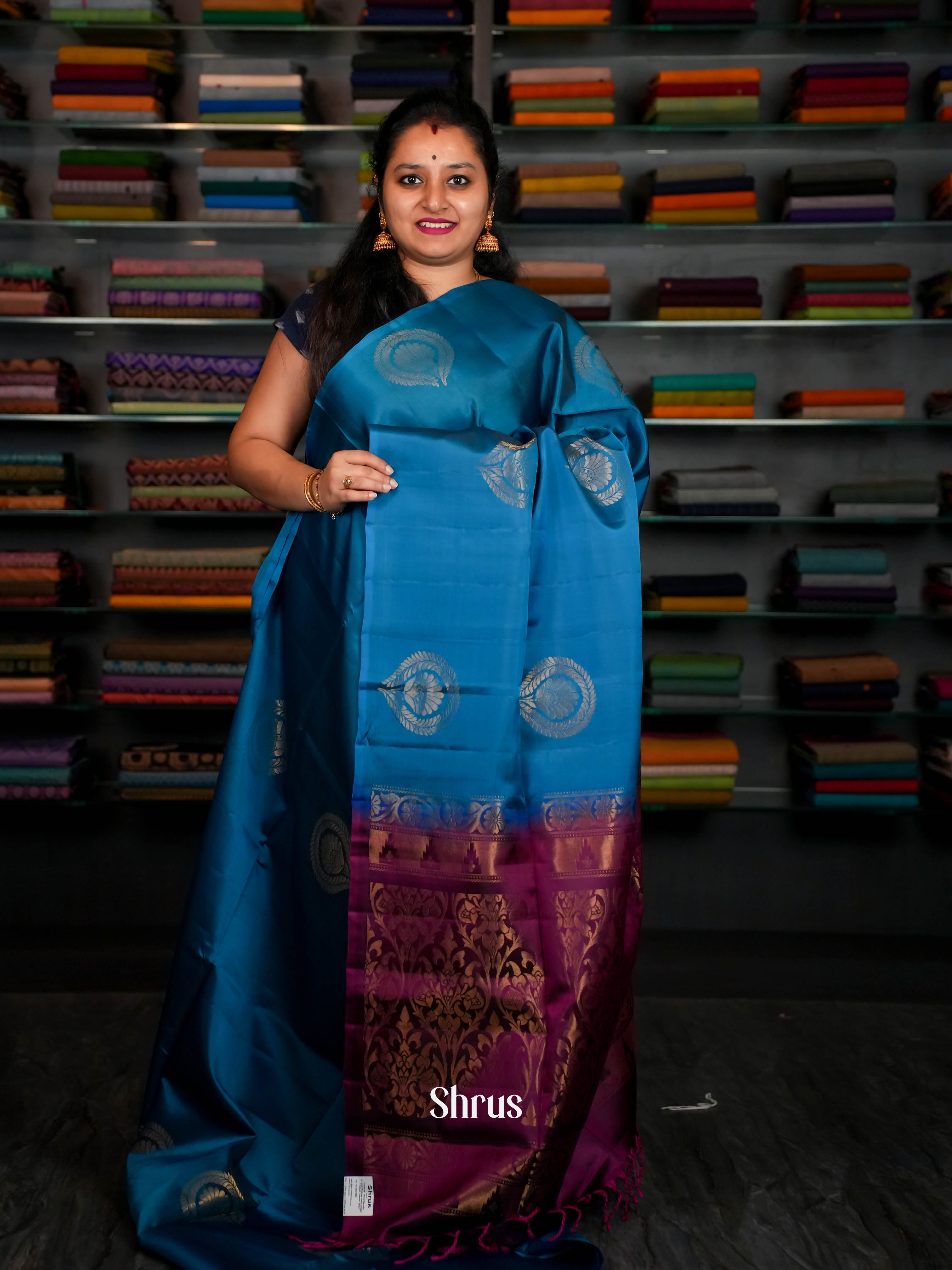 Fancy Blue & Majenta - Softsilk-halfpure Saree - Shop on ShrusEternity.com
