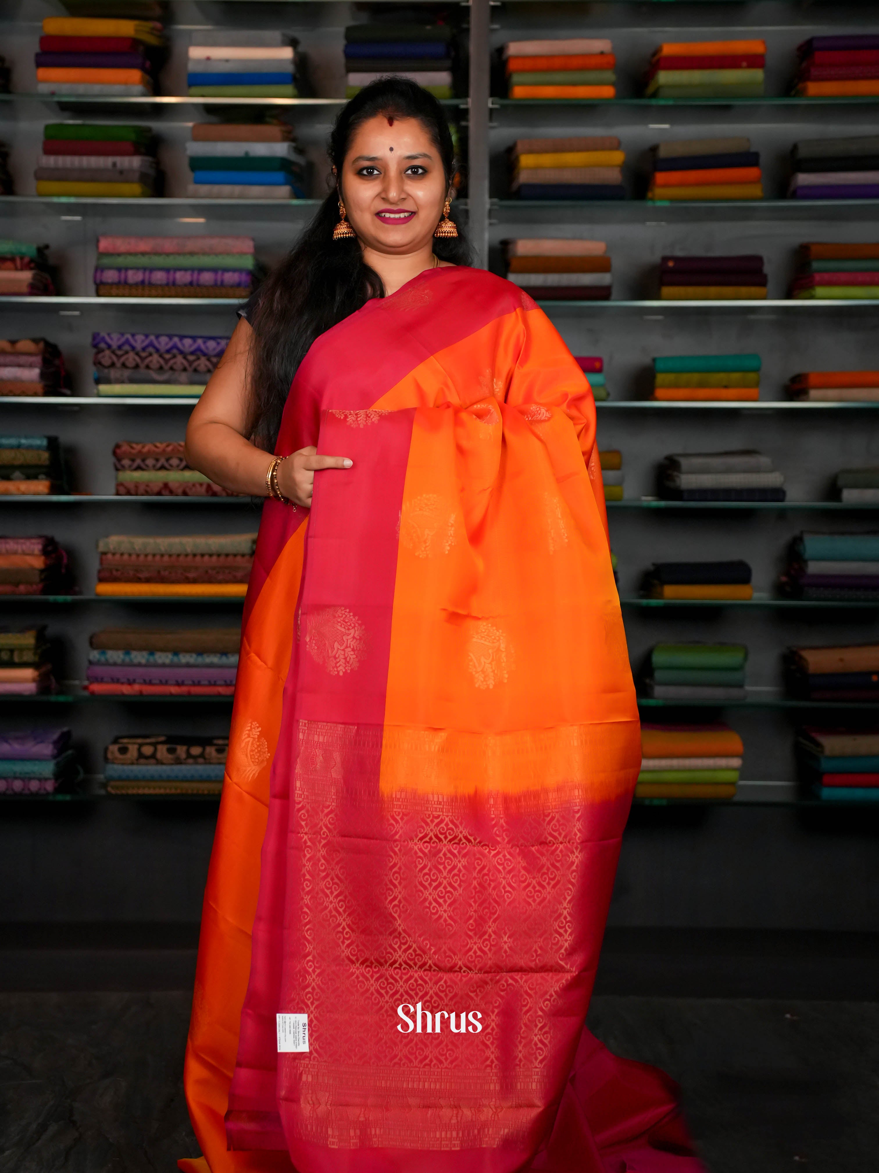Double Shaded Orange & Rosy Red - Softsilk-halfpure Saree - Shop on ShrusEternity.com